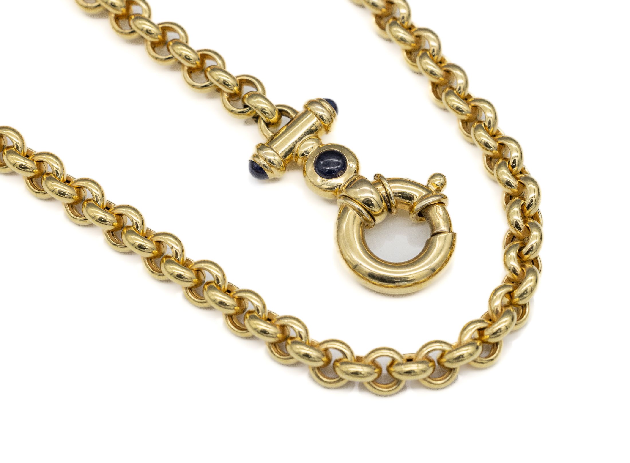 14 kt Gold Saphir-Collier, GG 585/000, Erbskette, gr. Federring-Schmuckschließe mit 4Saphir-Cabochons zus. ca. 2.00 ct, L. ca. 45 cm, ca. 40.4 g, ...