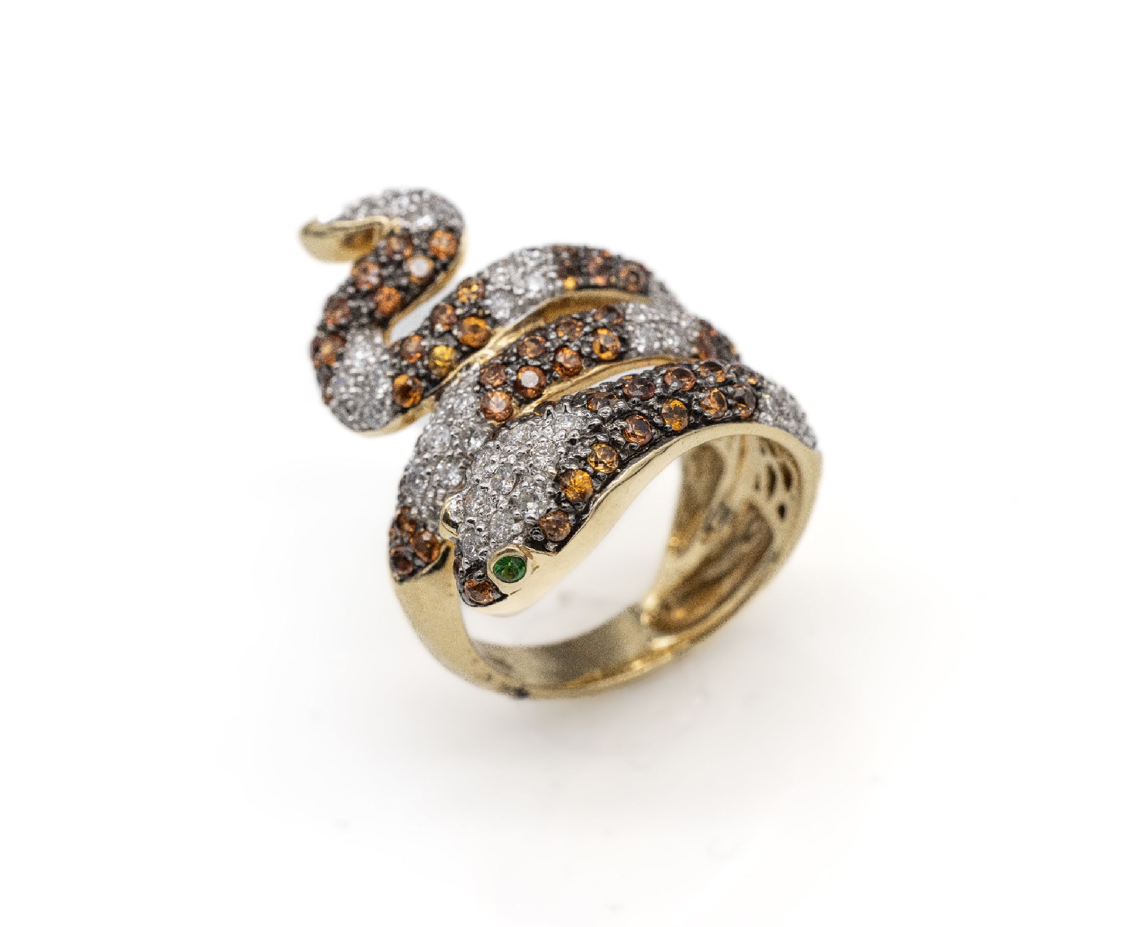 14 kt Gold Saphir-Brillant-Ring "Schlange", GG 585/000, rundfacett. orange Saphire (beh.) zus. ca. 1.0 ct, in geschwärzten Fassungen, ...