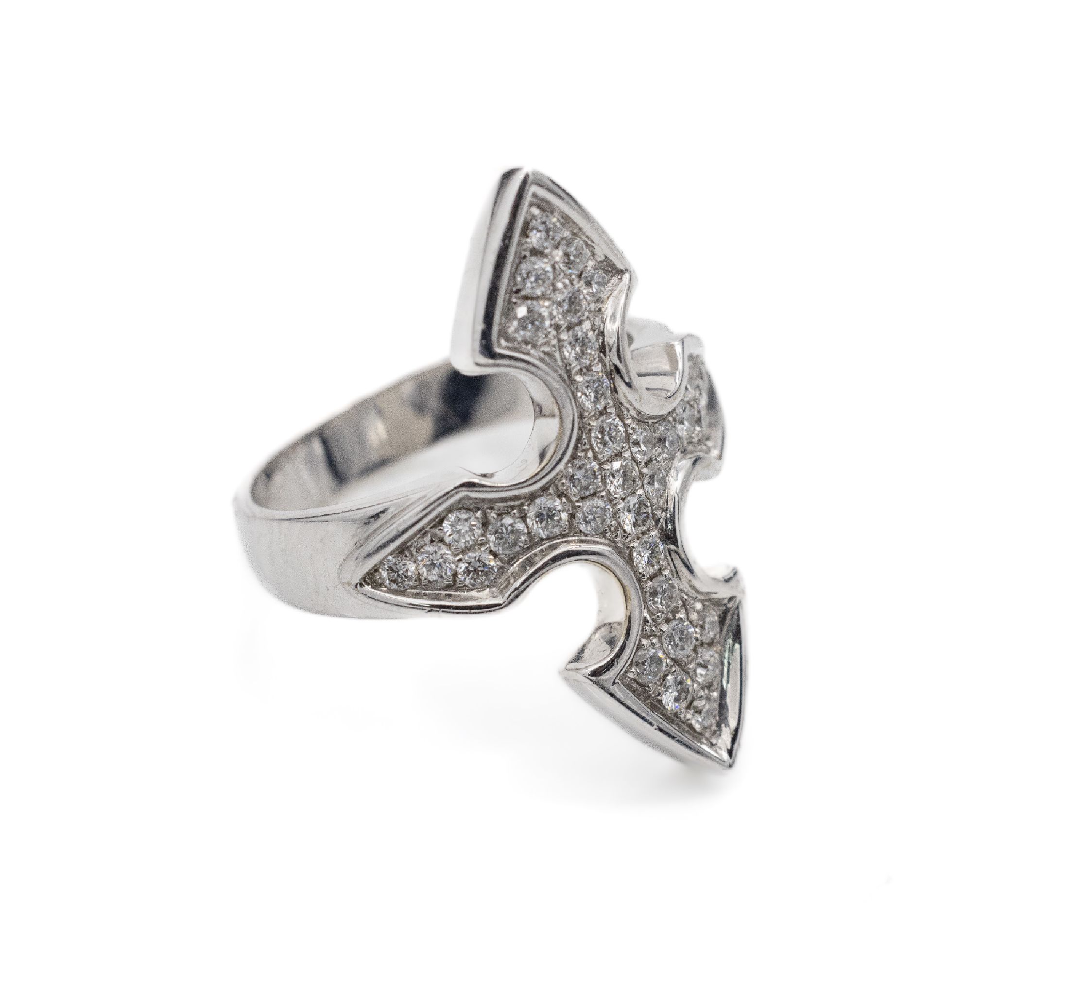 18 kt Gold Brillant-Ring, WG 750/000, stilisiertes Kreuz bes. mit Brillanten zus. ca. 0.75 ct Weiß/si, RW 56, ca. 12.8 g