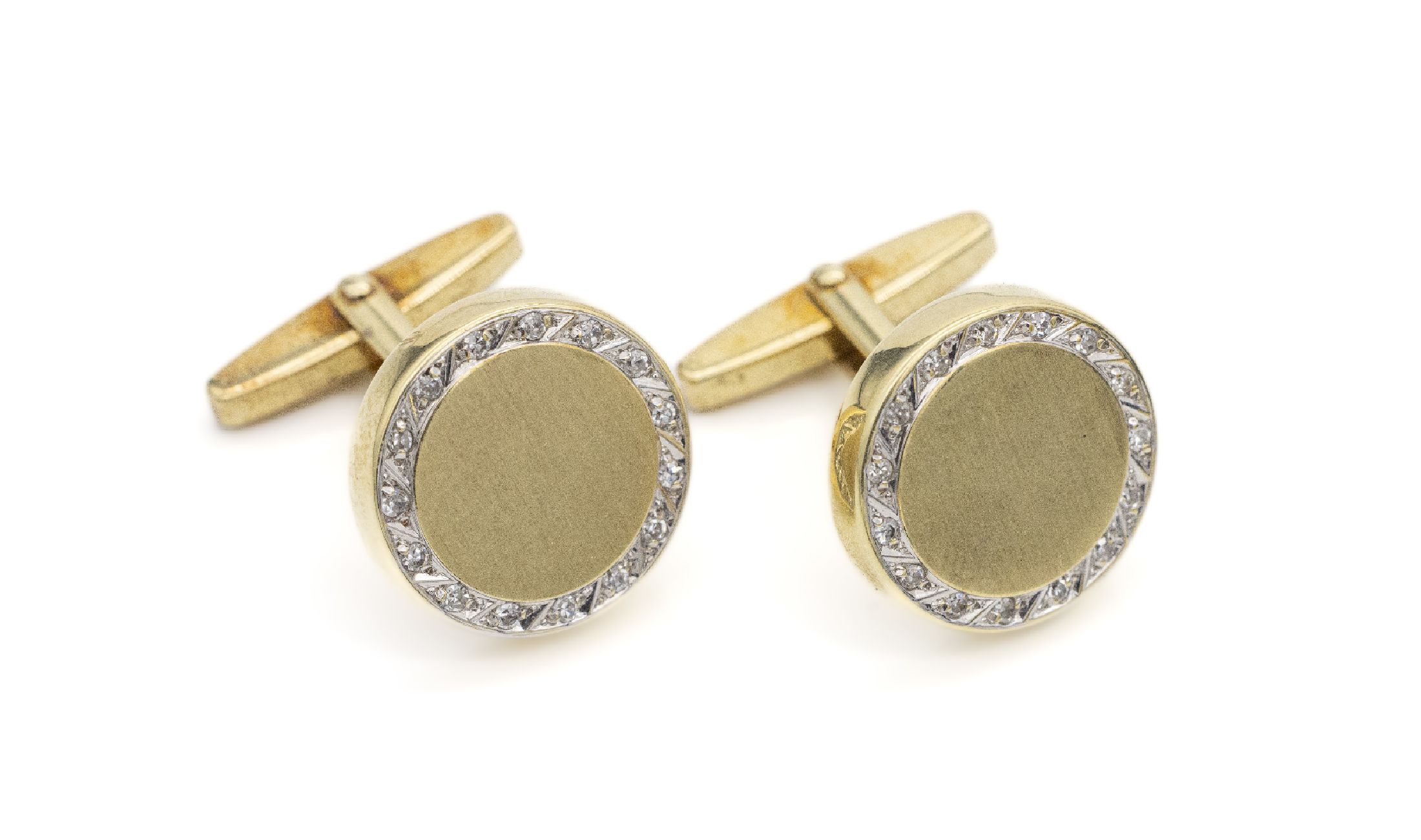 Paar 14 kt Gold Diamant-Manschettenknöpfe, GG/WG 750/000, 8/8-Diamanten in WG gefasst zus. ca. 0.10 ct Weiß/si, ca. 12.7 g
