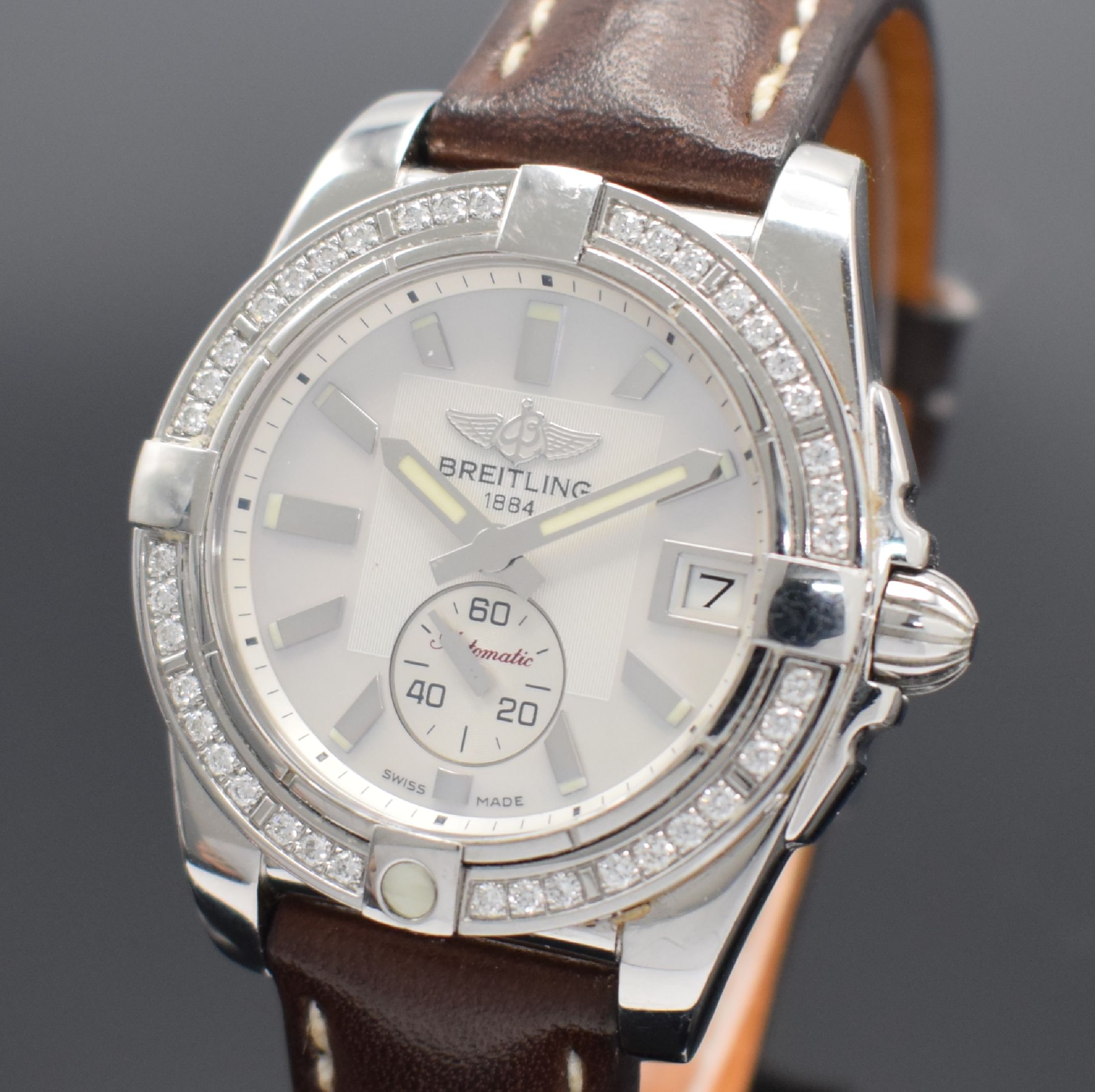 Detail a: BREITLING Galactic mit Brillanten besetzte Armbanduhr in Stahl / Lederband Referenz A37330, Schweiz lt. orig. Papier verk. 2016, Automatik, verschr. ...