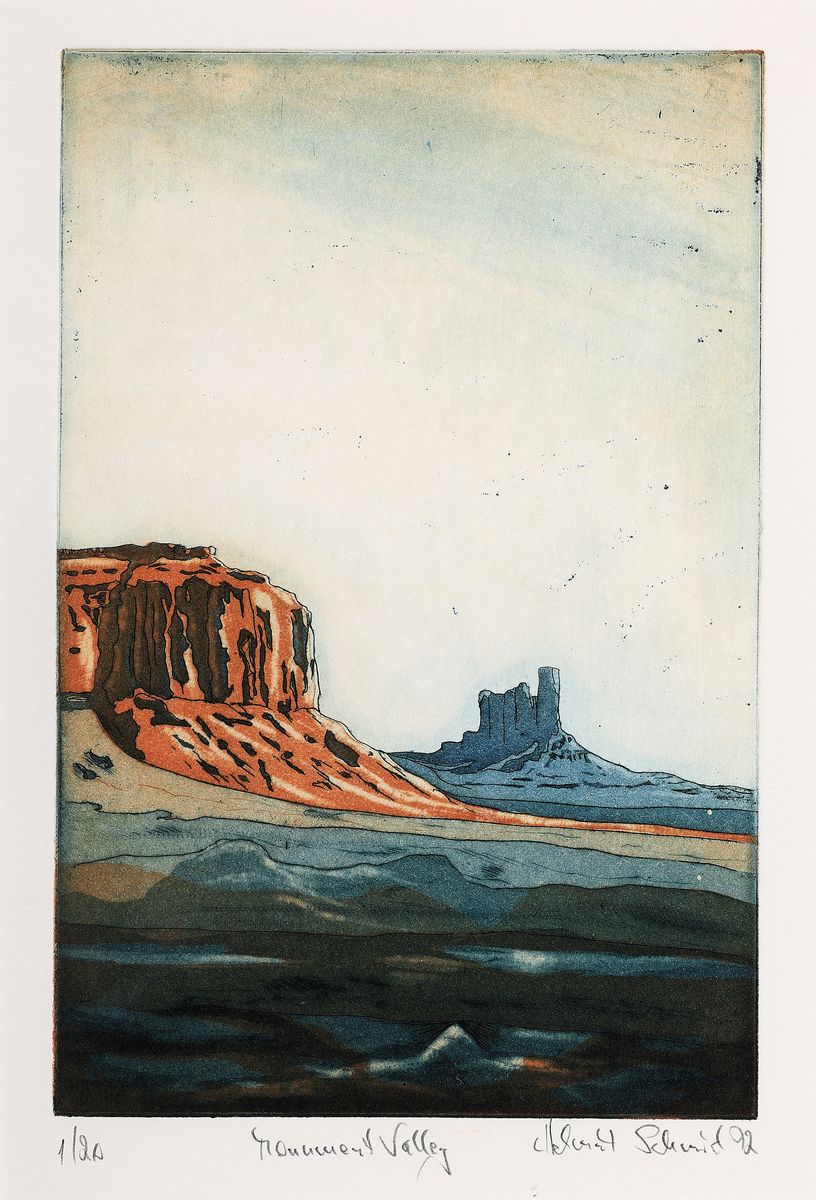 Detail b: Helmut Schmid, zeitgenössischer Grafiker, tätig in Baumholder/RLP, Konvolut aus 5 Farbradierungen zum amerikanischen Südwesten: je betitelt, ...