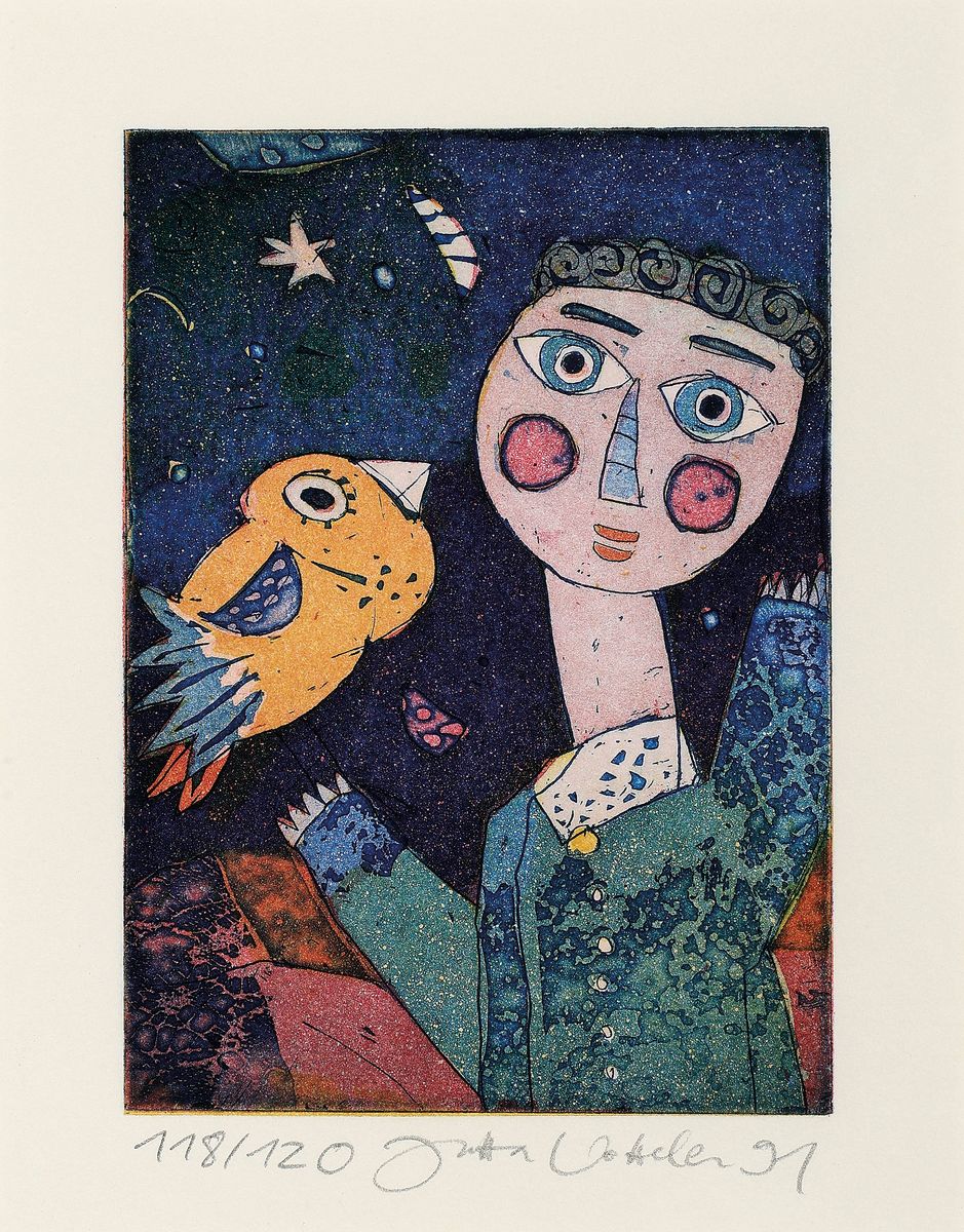 Detail c: Jutta Votteler, geb. 1959 Ludwigshafen am Rhein, Konvolut aus 4 Farbradierungen, je signiert und nummeriert u. datiert, 3x E.A. 1x118/120, unter PP ...