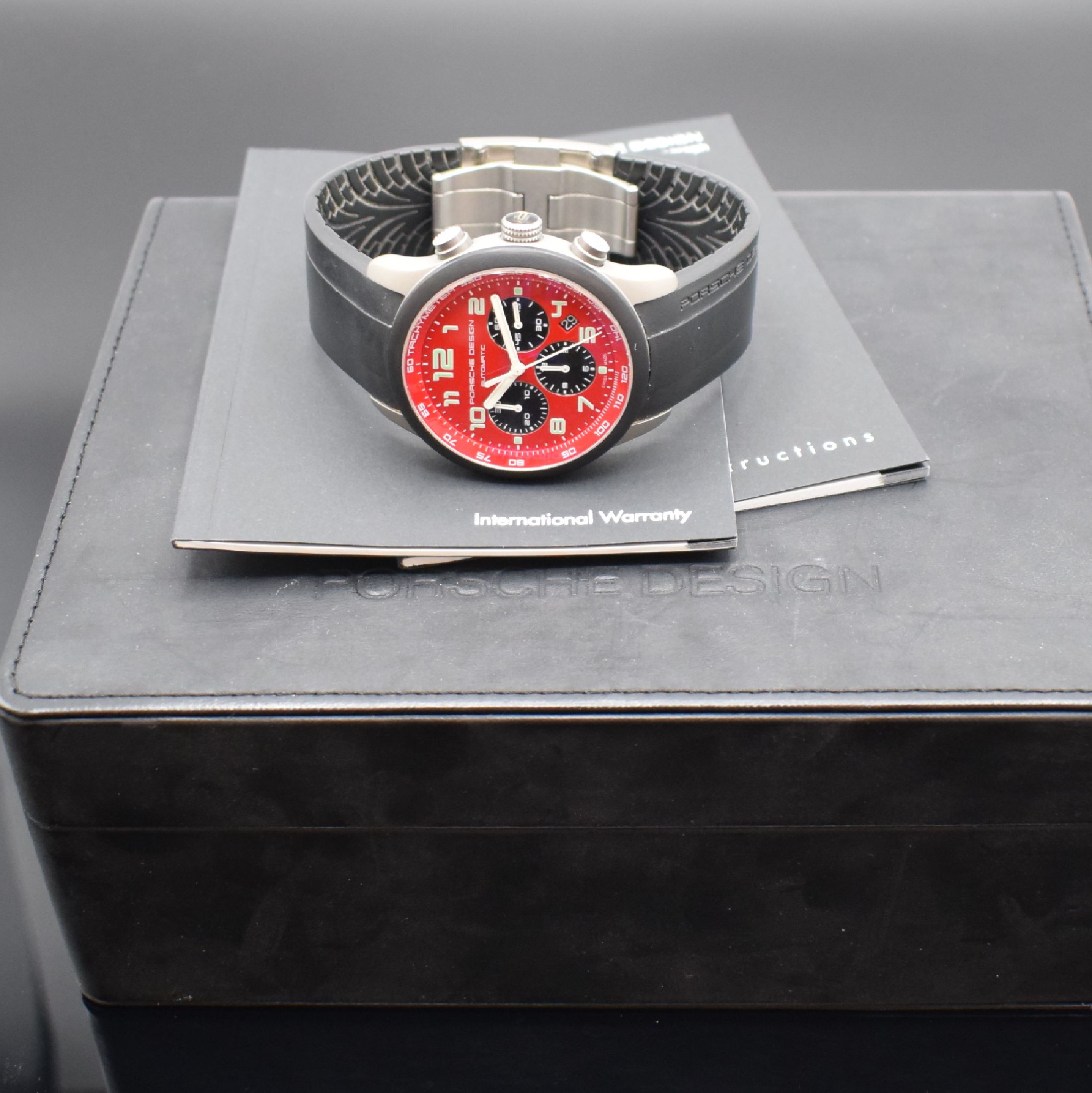 Detail f: PORSCHE DESIGN Armbandchronograph Referenz 6612.15/2, Schweiz um 2010, Automatik, Titangeh., Kautschukband m. Faltschl., beids. vergl., Boden & Krone ...