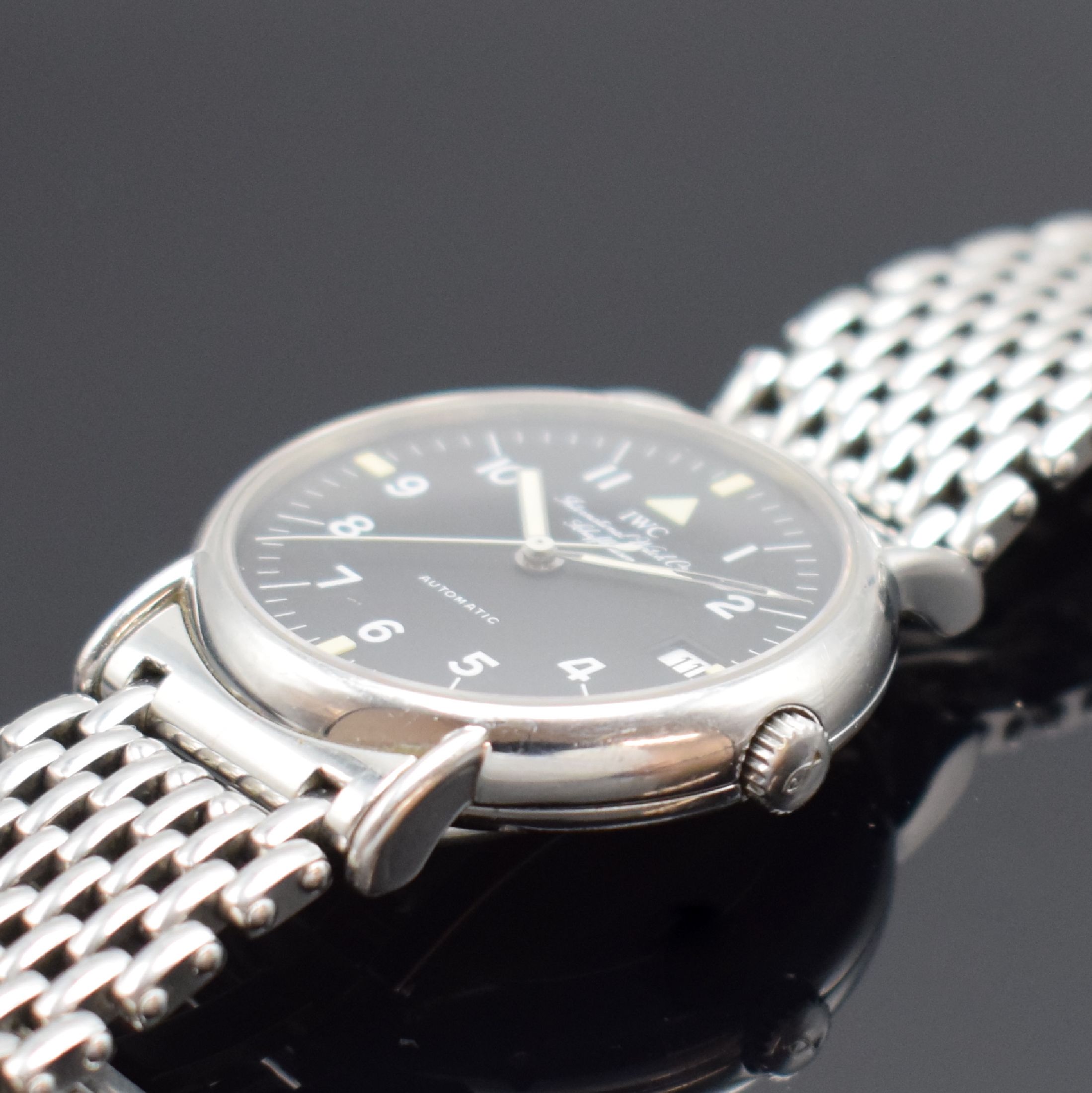 Detail b: IWC Portofino Herrenarmbanduhr Ref. 3513 1, Schweiz um 1995, Automatik, Edelstahlgeh., Boden geschr., unsign. Gliederband m. dopp. Faltschl., Boden ...