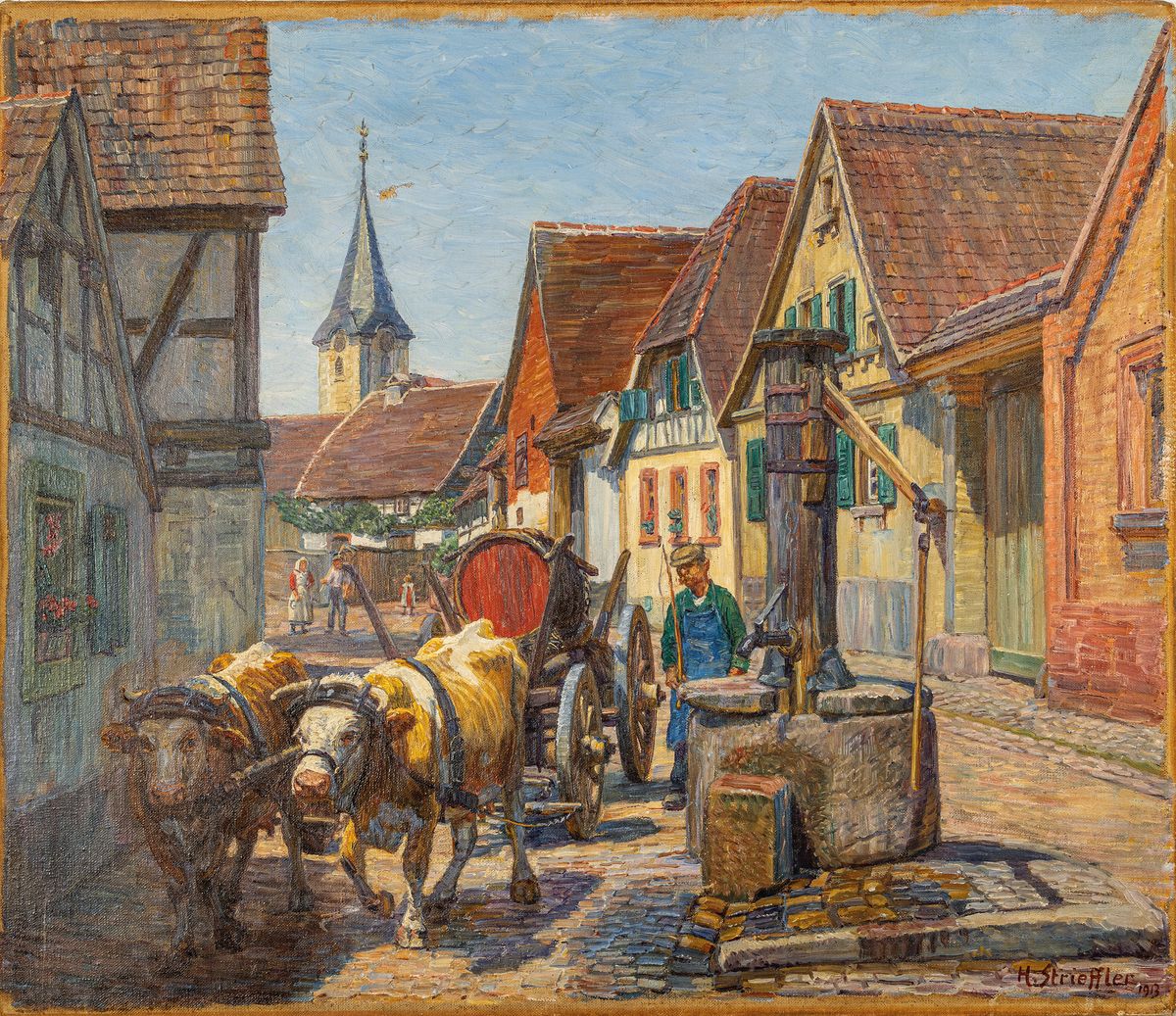Heinrich Strieffler, 1872-1949 Neustadt, Lithographen-Lehre, Studium an der Akademie München, Weinfuhrwerk auf einer pfälzer Dorfstraße (Umkreis ...