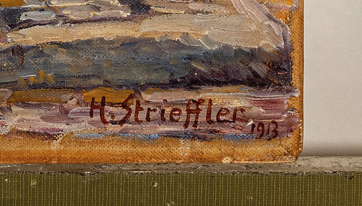 Detail a: Heinrich Strieffler, 1872-1949 Neustadt, Lithographen-Lehre, Studium an der Akademie München, Weinfuhrwerk auf einer pfälzer Dorfstraße (Umkreis ...