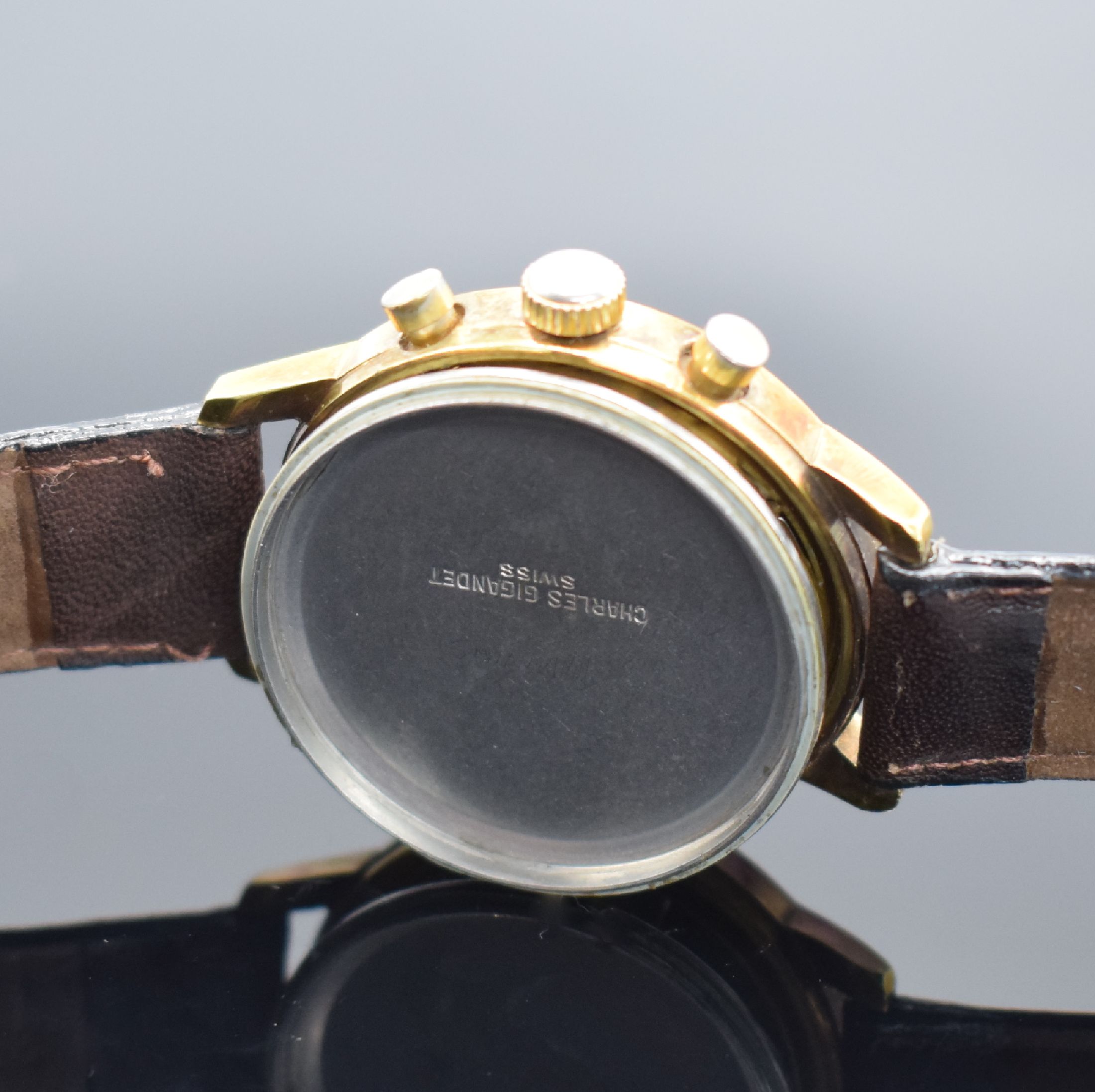 Detail f: ROAL Geneve Herrenchronograph mit Kaliber Valjoux 7733, Schweiz um 1970, Handaufzug, verg. Geh., Stahlboden sign. Ch. Gigandet geschr., silb. ...