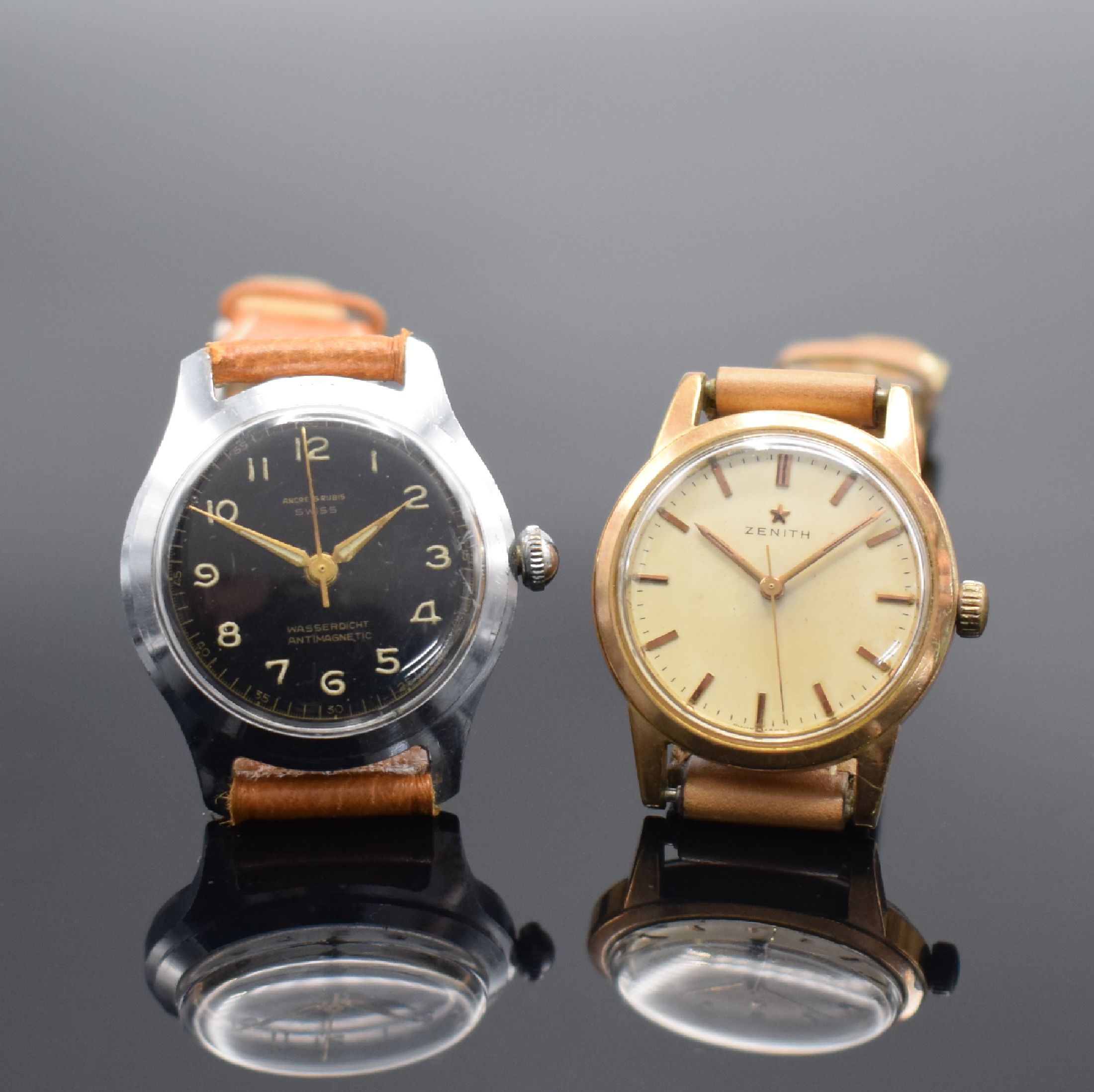 Detail d: 4 Armbanduhren GUB, ZENITH & ANCRE, Schweiz/Deutschland um 1950-1960, Handaufzug, 3x verg., 1x verchr., Böden geschr., 1) GUB Kal. 60, 2) GUB Kal. ...