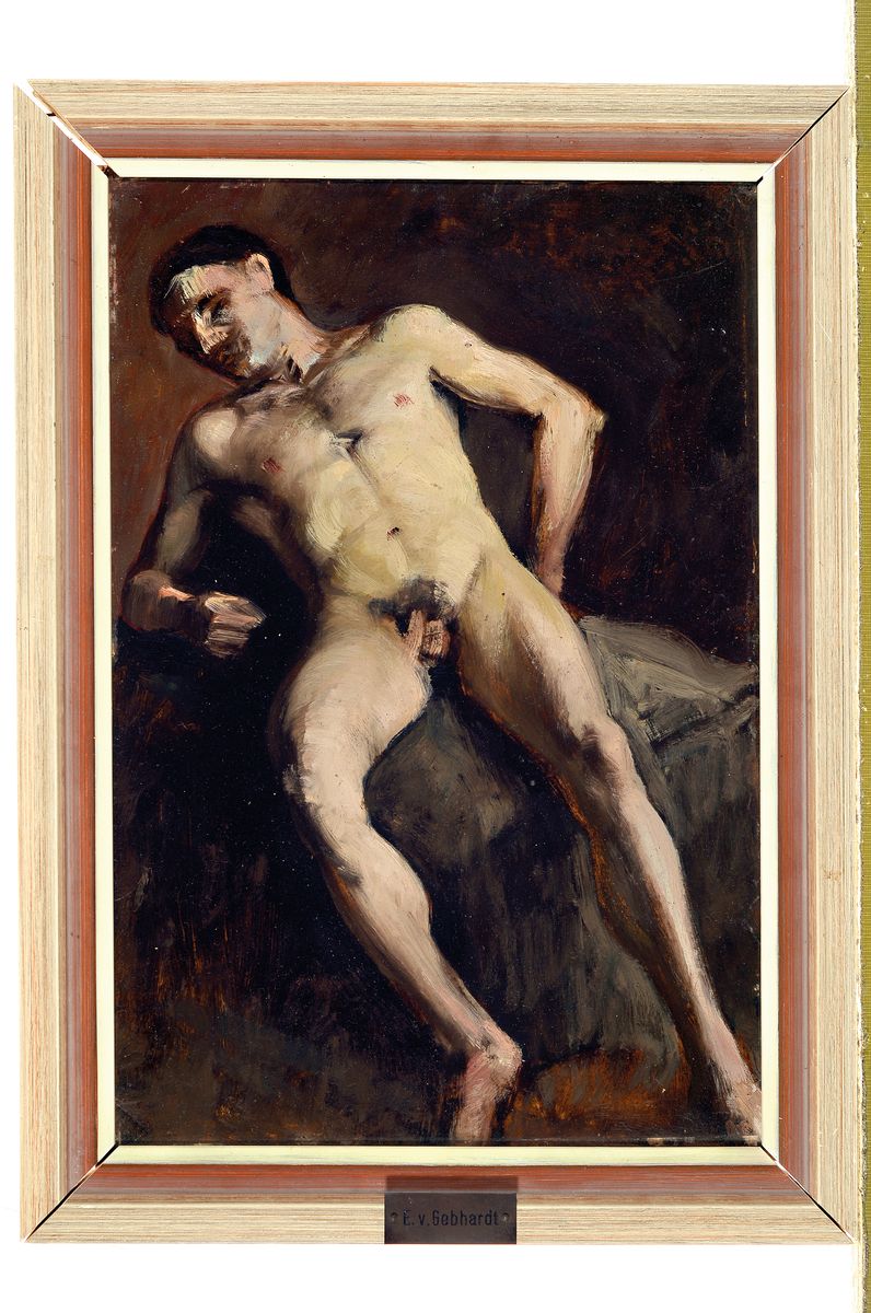Detail k: Eduard von Gebhardt, 1838 Järva-Jaani Estland-1925 Düsseldorf, liegender männlicher Akt, Öl/Malkarton, unsigniert, rückseitig handschriftl. ...