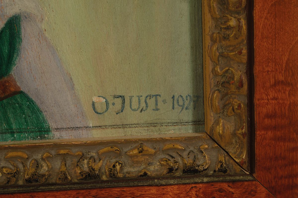 Detail a: Oskar Just, 1895 Kukau bei Gablonz-1964, Studium an der Kunstgewerbeschule Wien, hier: Porträt eines blonden Jungen, Öl/Holz, rechts unten signiert ...