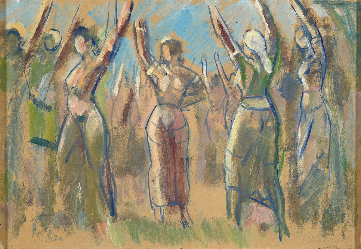 Detail a: Peter Koch, 1874 Deidesheim-1956 Gimmeldingen, 11 Figuren, Öl/Malkarton, rückseitig Figuren mit nach oben gereckten Armen, auf dieser Seite ...