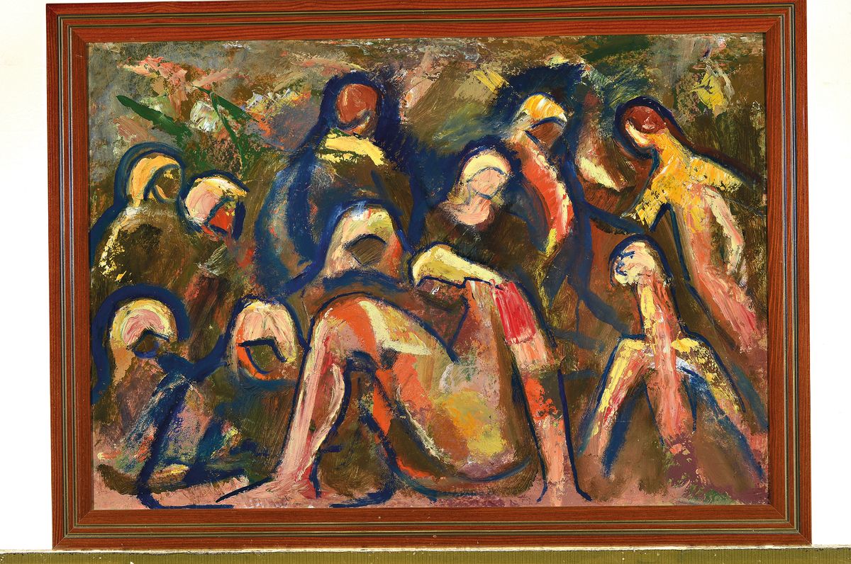 Detail k: Peter Koch, 1874 Deidesheim-1956 Gimmeldingen, 11 Figuren, Öl/Malkarton, rückseitig Figuren mit nach oben gereckten Armen, auf dieser Seite ...