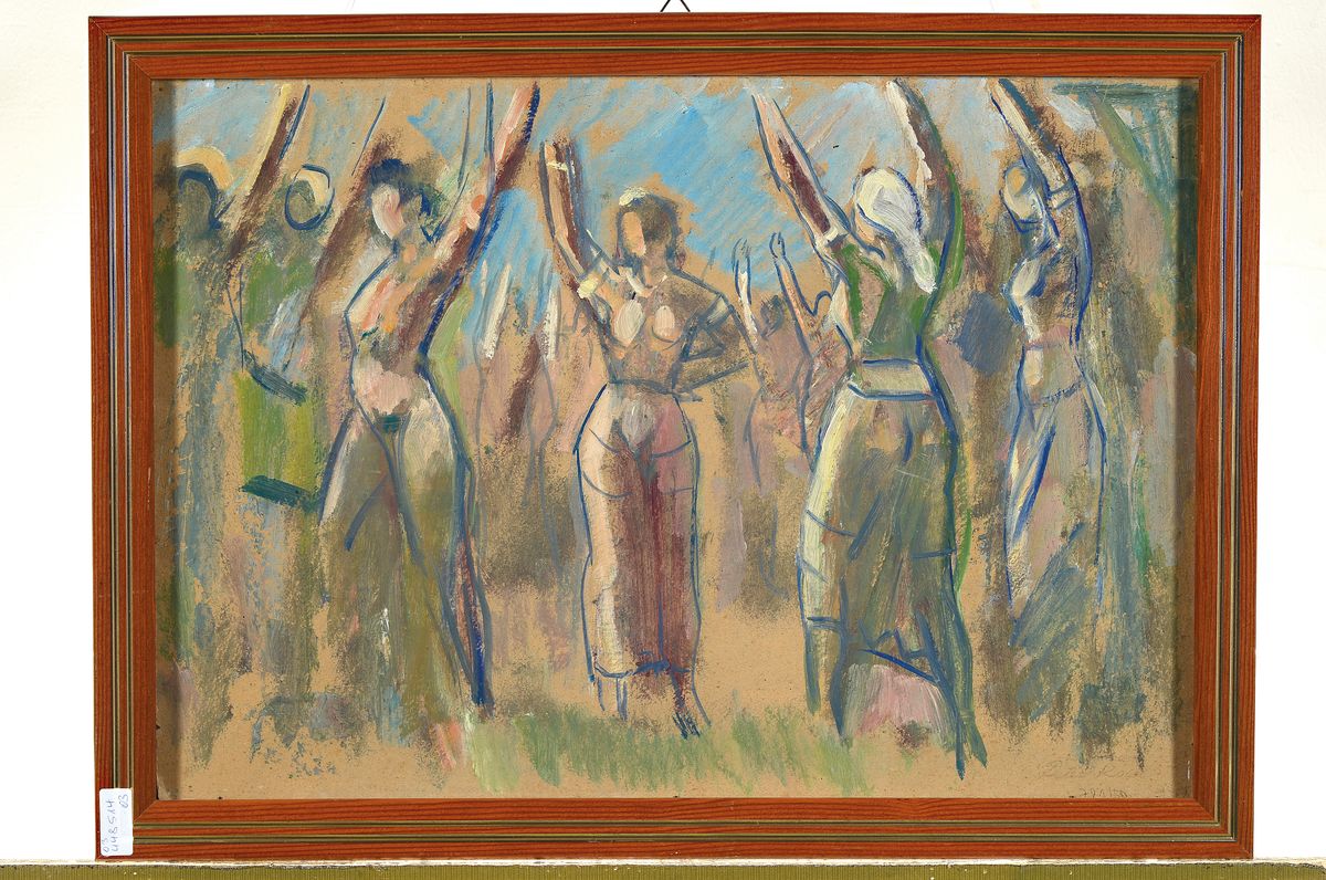 Detail l: Peter Koch, 1874 Deidesheim-1956 Gimmeldingen, 11 Figuren, Öl/Malkarton, rückseitig Figuren mit nach oben gereckten Armen, auf dieser Seite ...