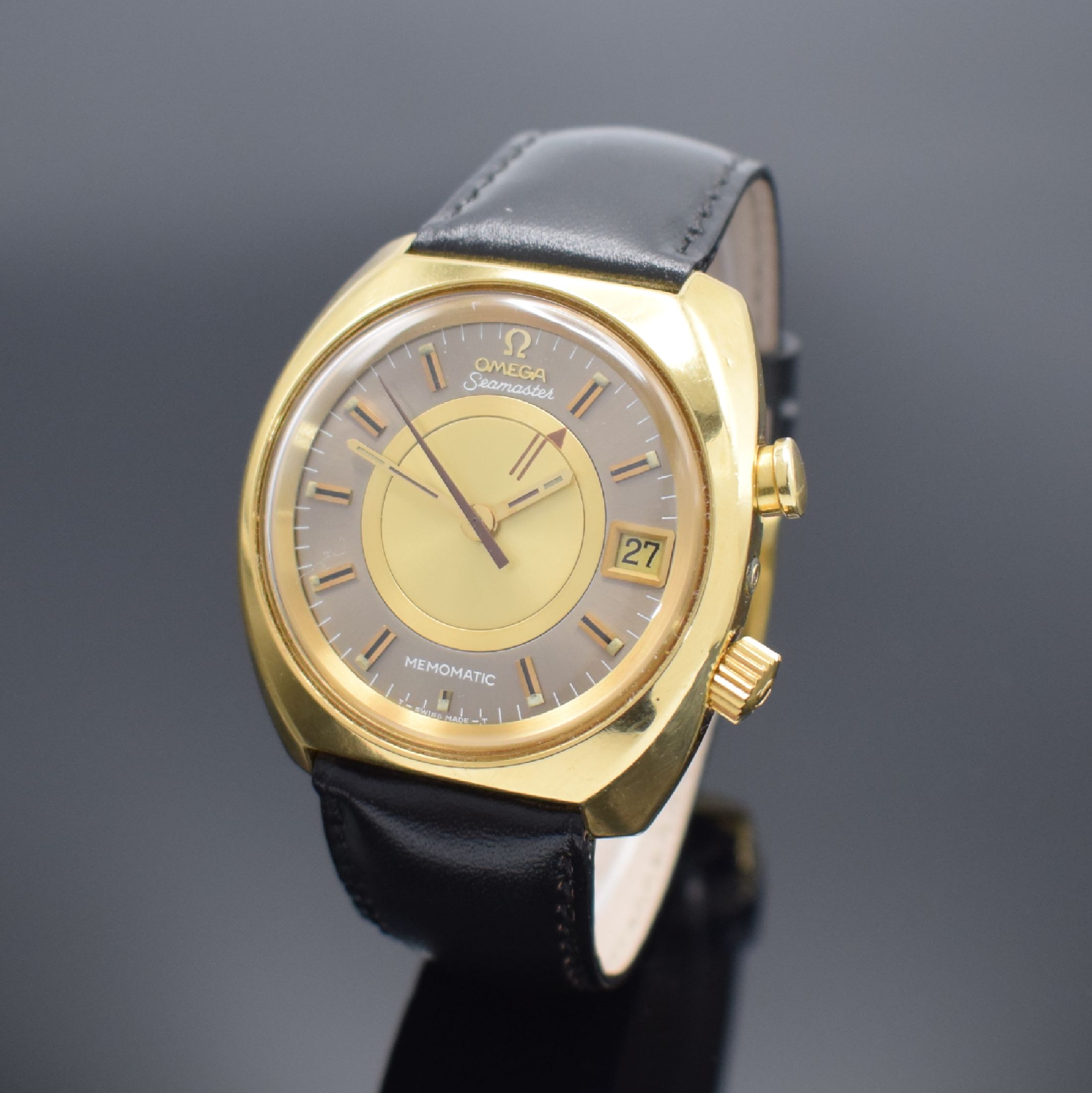 OMEGA Automatikwecker Seamaster Memomatic Referenz 166.072, Schweiz um 1972, hartverg. Metallgeh., Edelstahlboden verschr., Anz. v. Std., Min., ...