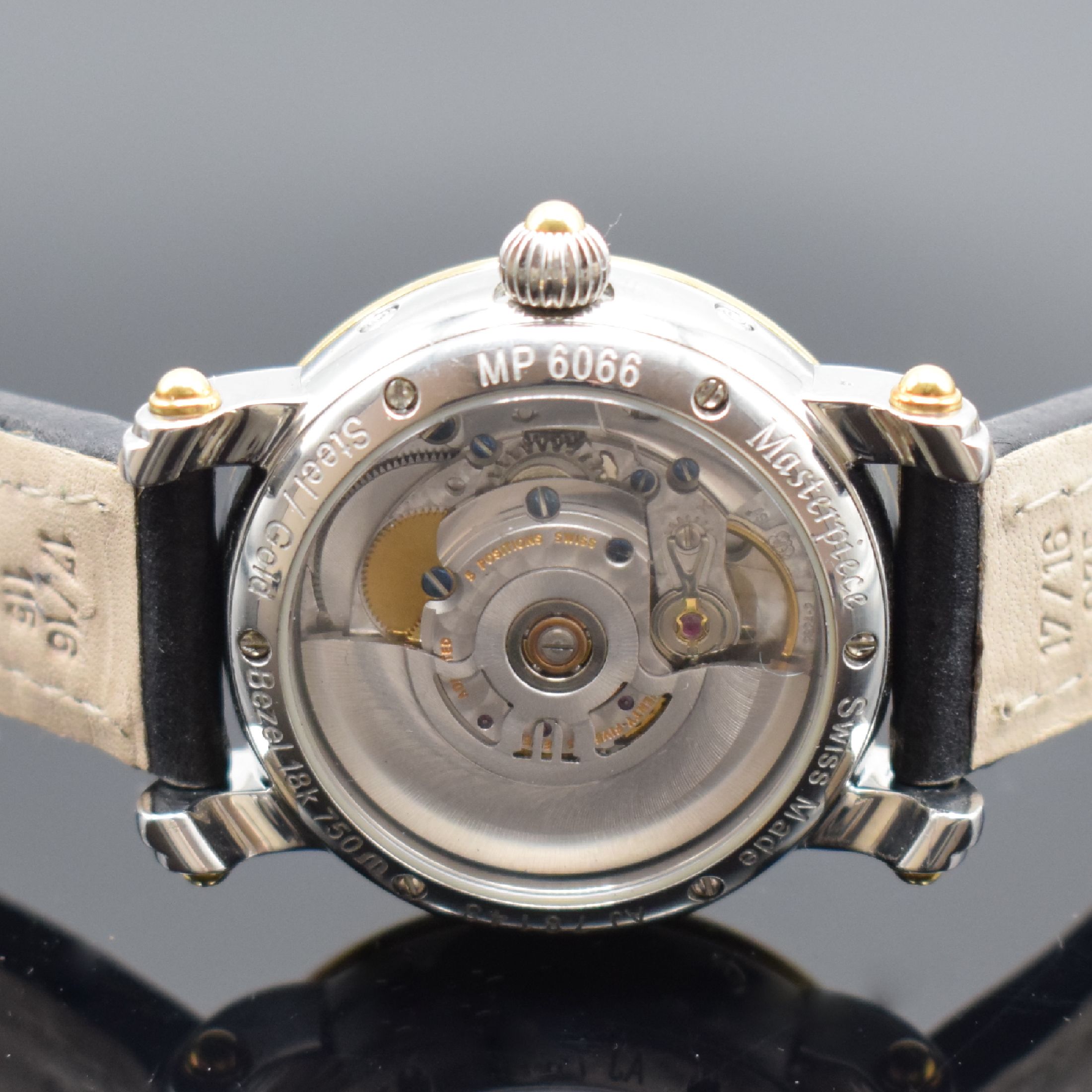 Detail d: MAURICE LACROIX Masterpiece Herrenarmbanduhr mit Mondphase Referenz MP6066, Schweiz um 1995, Automatik, beids. vergl. Geh. in Stahl, Lünette in GG ...