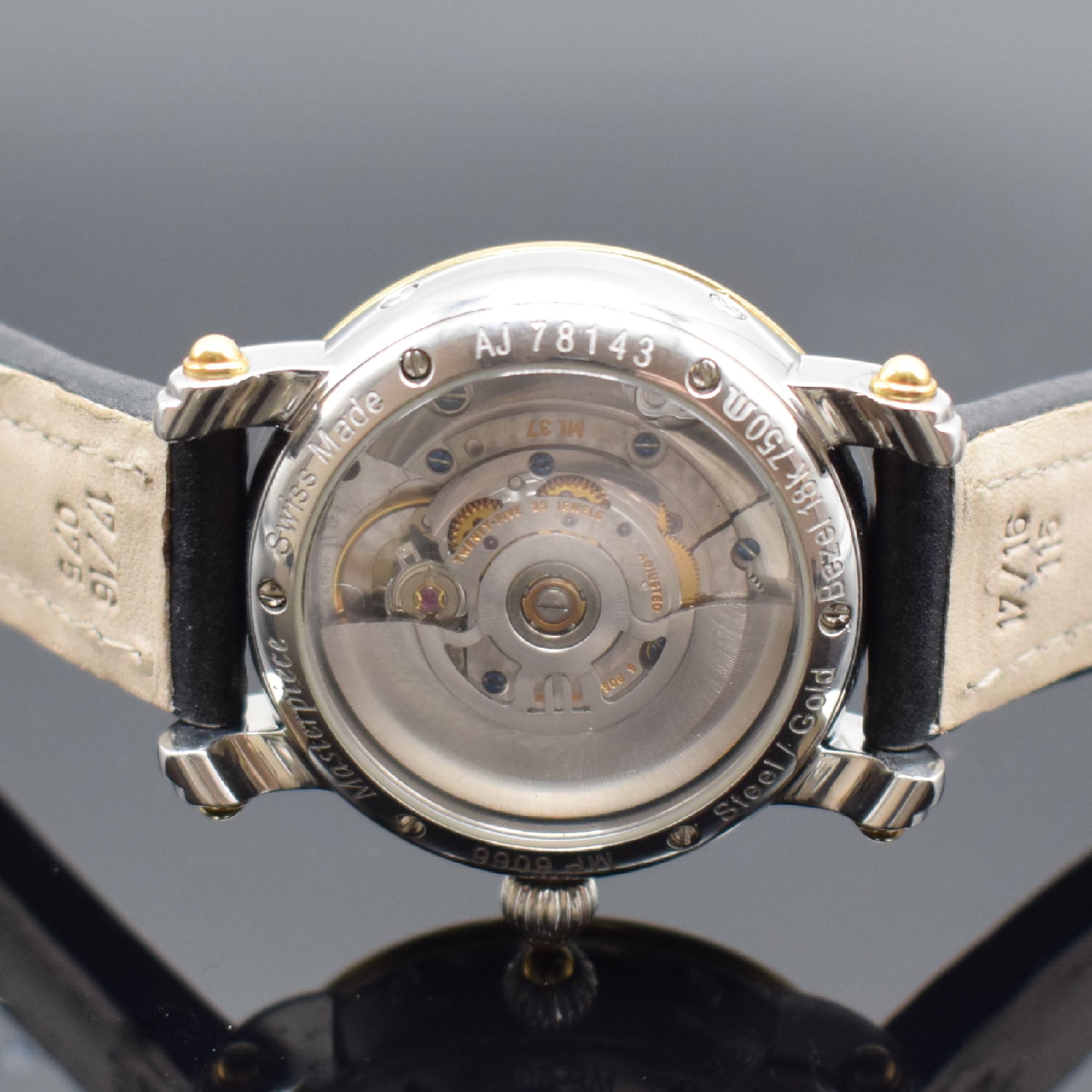 Detail e: MAURICE LACROIX Masterpiece Herrenarmbanduhr mit Mondphase Referenz MP6066, Schweiz um 1995, Automatik, beids. vergl. Geh. in Stahl, Lünette in GG ...