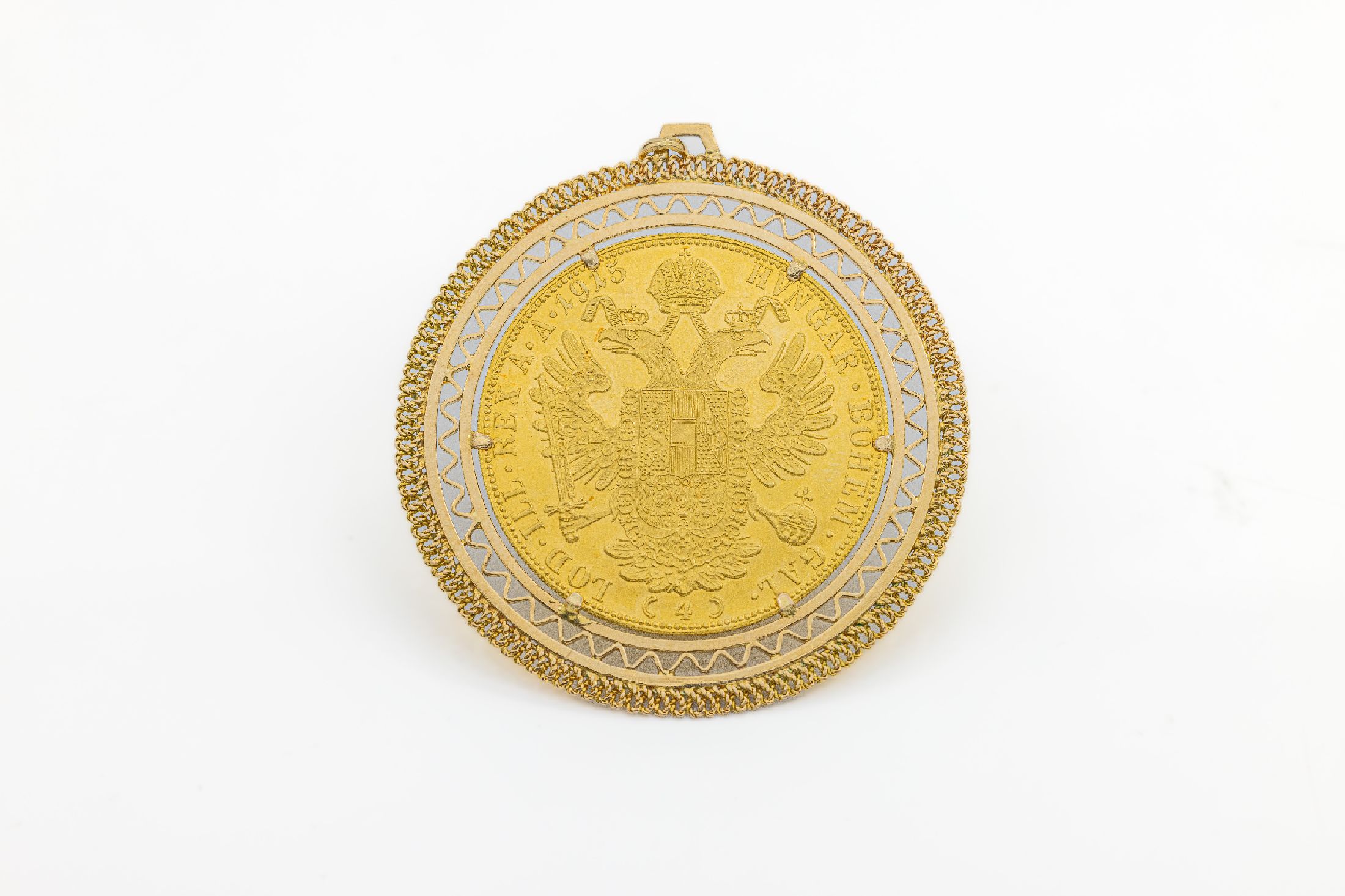 18 kt Gold Anhänger mit Goldmünze 4 Dukaten 1915, GG 750/000 und Dukatengold, Österreich/Ungarn, offizielle Nachprägung, Franz Joseph I., D ca. ...