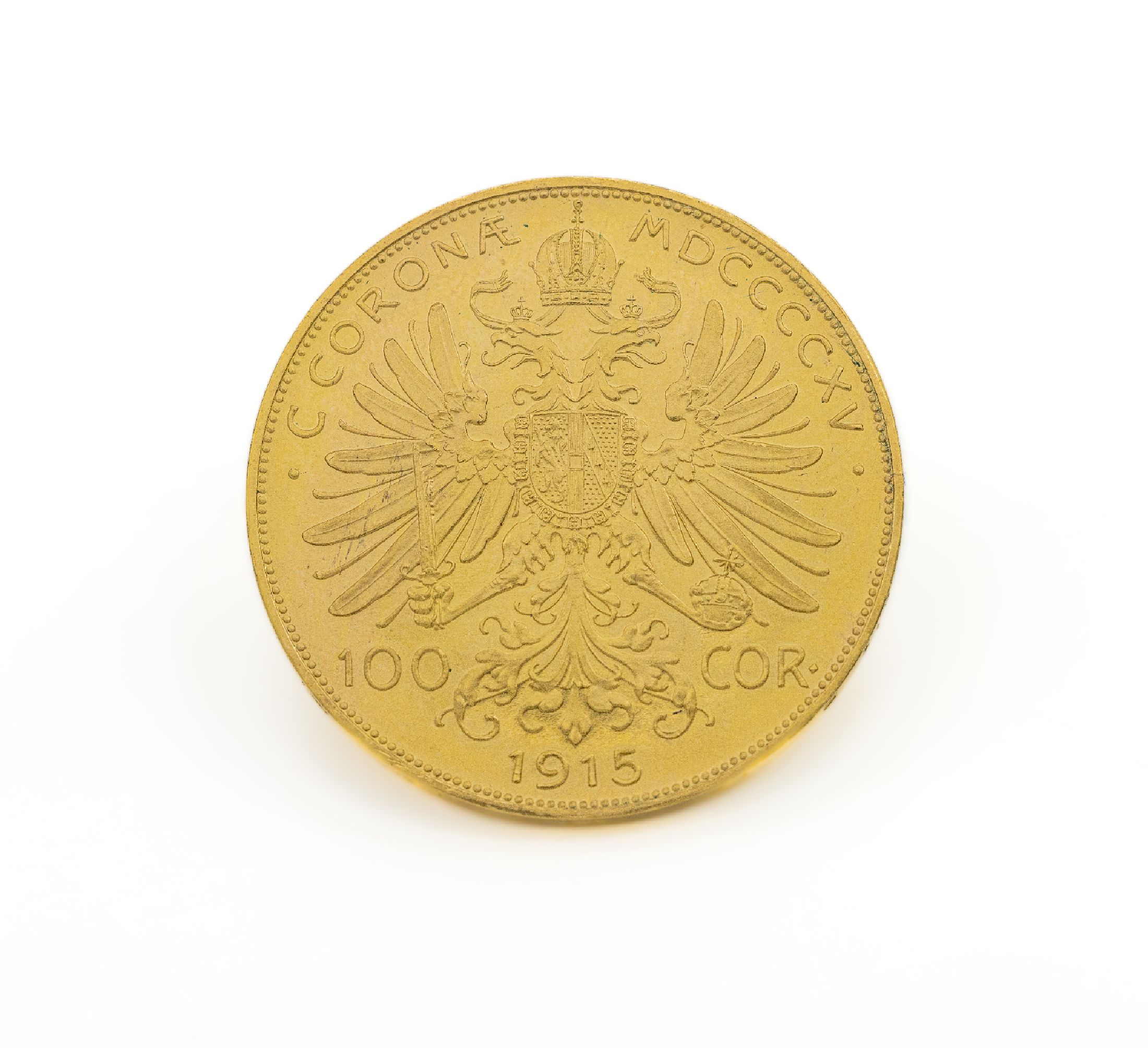 Detail a: Goldmünze 100 Kronen 1915 Österreich-Ungarn, Franz Joseph I., offizielle Nachprägung, rv: doppelköpfiger Adler mit Brustschild und ...
