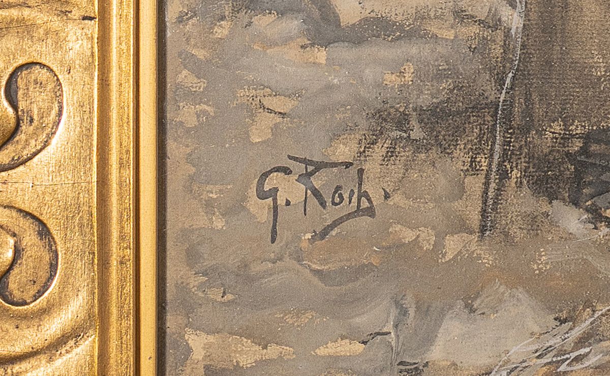 Detail a: Georg Koch, 1819-1899 Kassel, Studium an der Akademie Kassel, ab 1880 dort auch Professor, hier: Auf dem Viehmarkt, Aquarell auf Papier, seitlich ...
