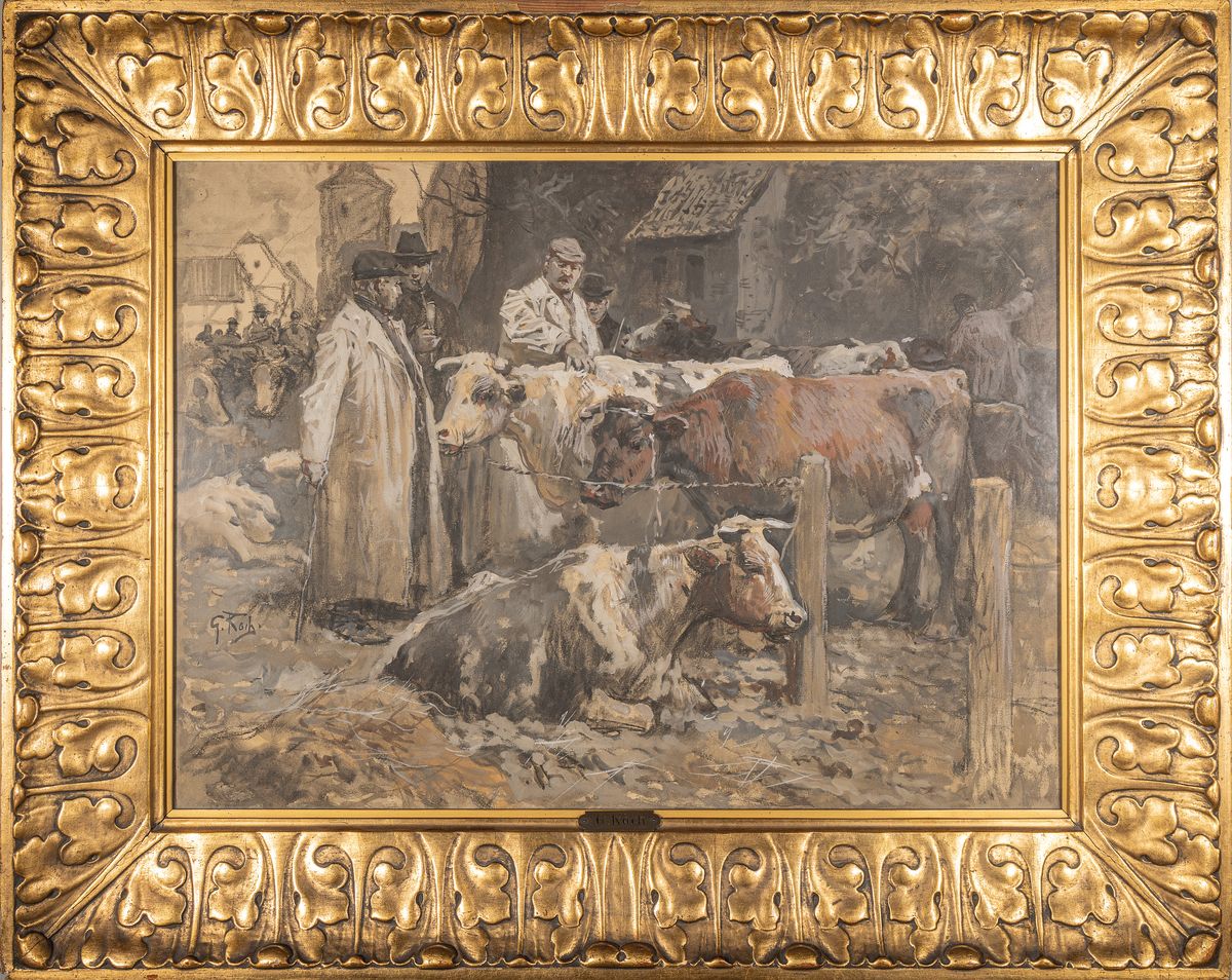Detail k: Georg Koch, 1819-1899 Kassel, Studium an der Akademie Kassel, ab 1880 dort auch Professor, hier: Auf dem Viehmarkt, Aquarell auf Papier, seitlich ...