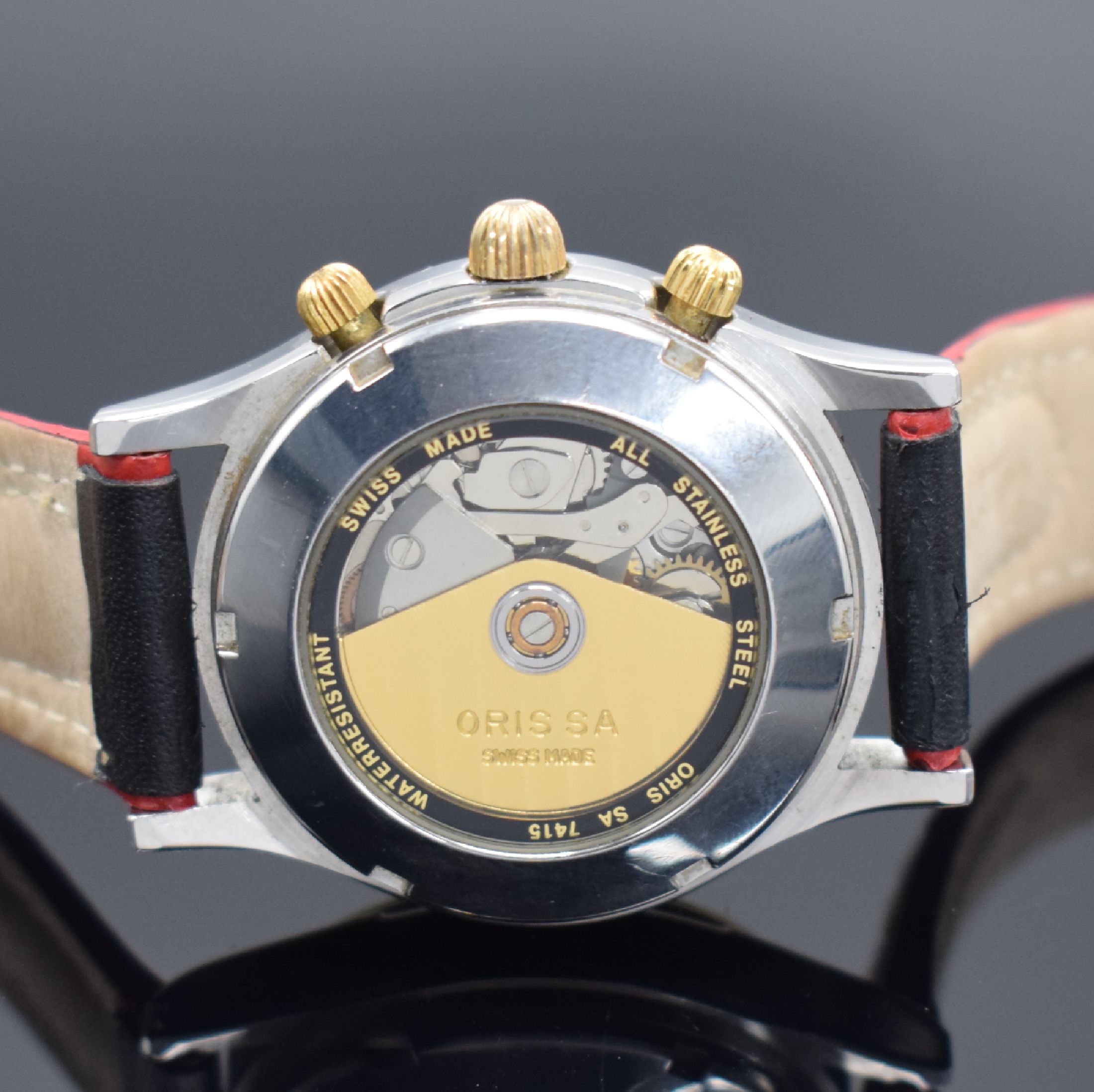Detail c: ORIS Herrenarmbanduhr mit Chronograph, Schweiz um 1993, Automatik, Edelstahlgeh. teils verg., Boden geschr., silb. Zifferbl. m. aufges. Std.-Ind., ...