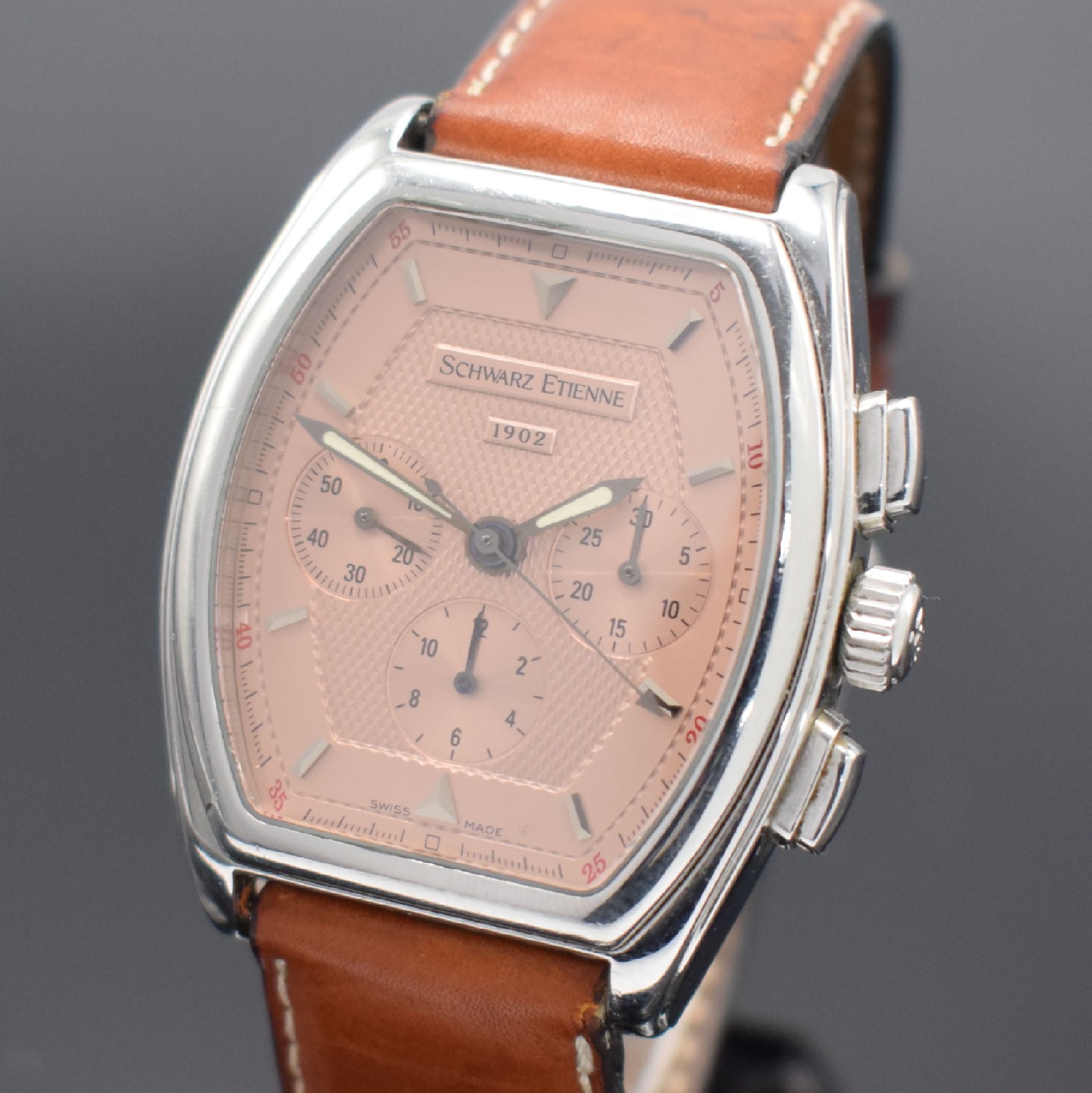 Detail a: SCHWARZ-ETIENNE Villeroy Herrenarmbanduhr mit Chronograph Kaliber Lemania 1874, Schweiz um 1997, Handaufzug, 2-teil. Geh. in Edelstahl, Boden 4-fach ...