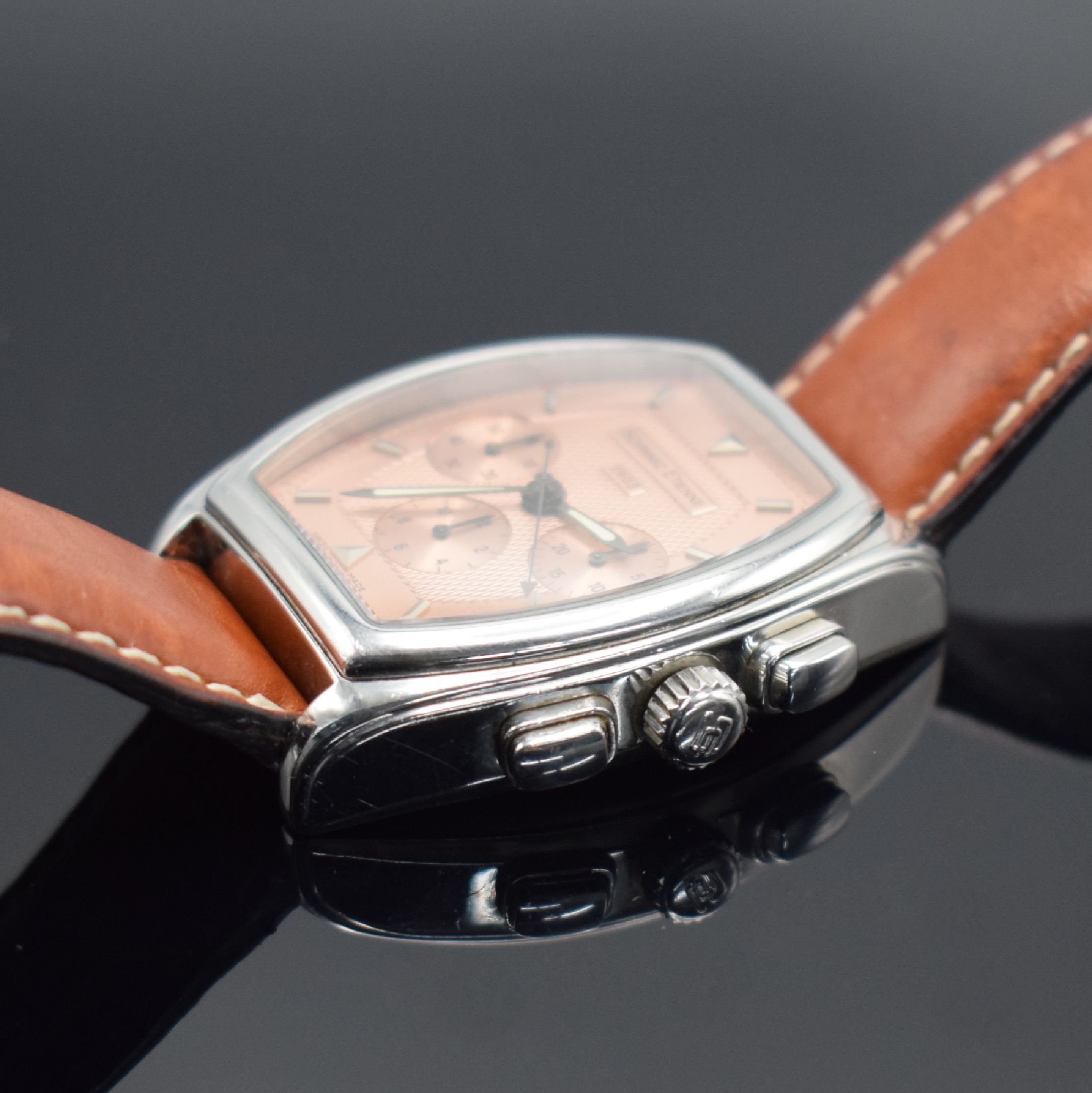 Detail c: SCHWARZ-ETIENNE Villeroy Herrenarmbanduhr mit Chronograph Kaliber Lemania 1874, Schweiz um 1997, Handaufzug, 2-teil. Geh. in Edelstahl, Boden 4-fach ...