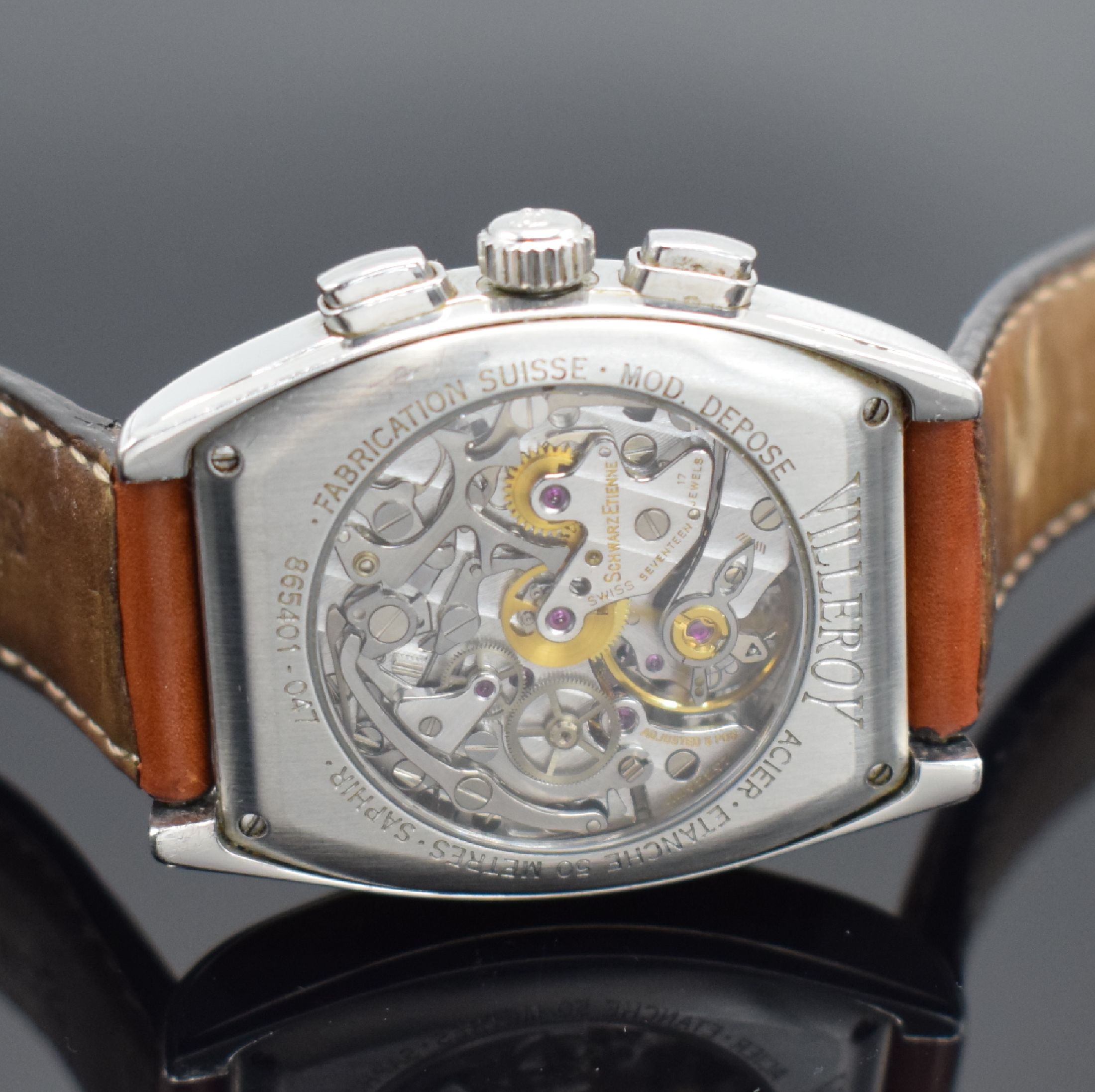 Detail d: SCHWARZ-ETIENNE Villeroy Herrenarmbanduhr mit Chronograph Kaliber Lemania 1874, Schweiz um 1997, Handaufzug, 2-teil. Geh. in Edelstahl, Boden 4-fach ...