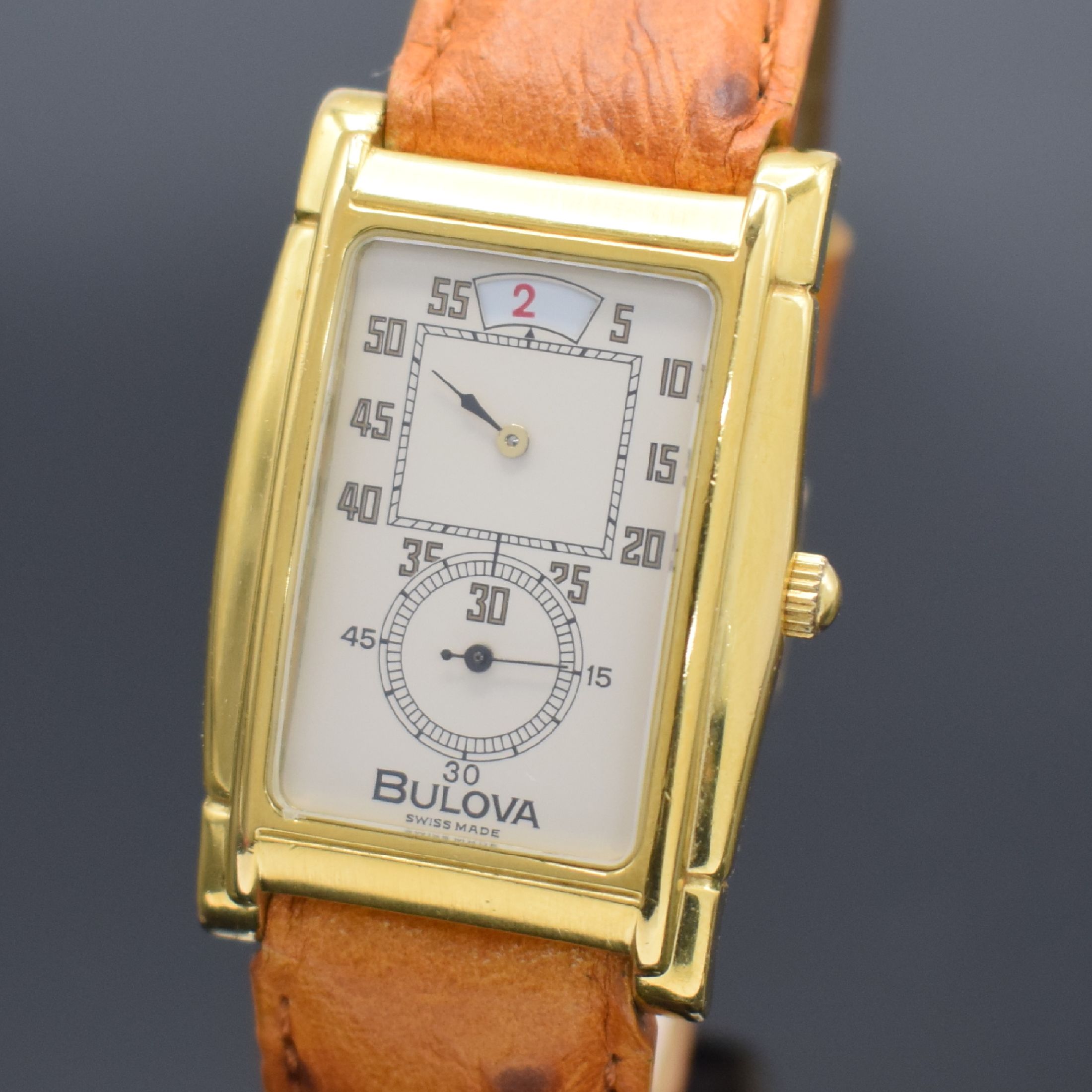 Detail a: BULOVA Doctors-Watch vergoldete Duo-Dial Armbanduhr, Schweiz um 1990, Handaufzug, beids. vergl. Geh., gedr. Stahlboden, creme- farb. Zifferbl., ...