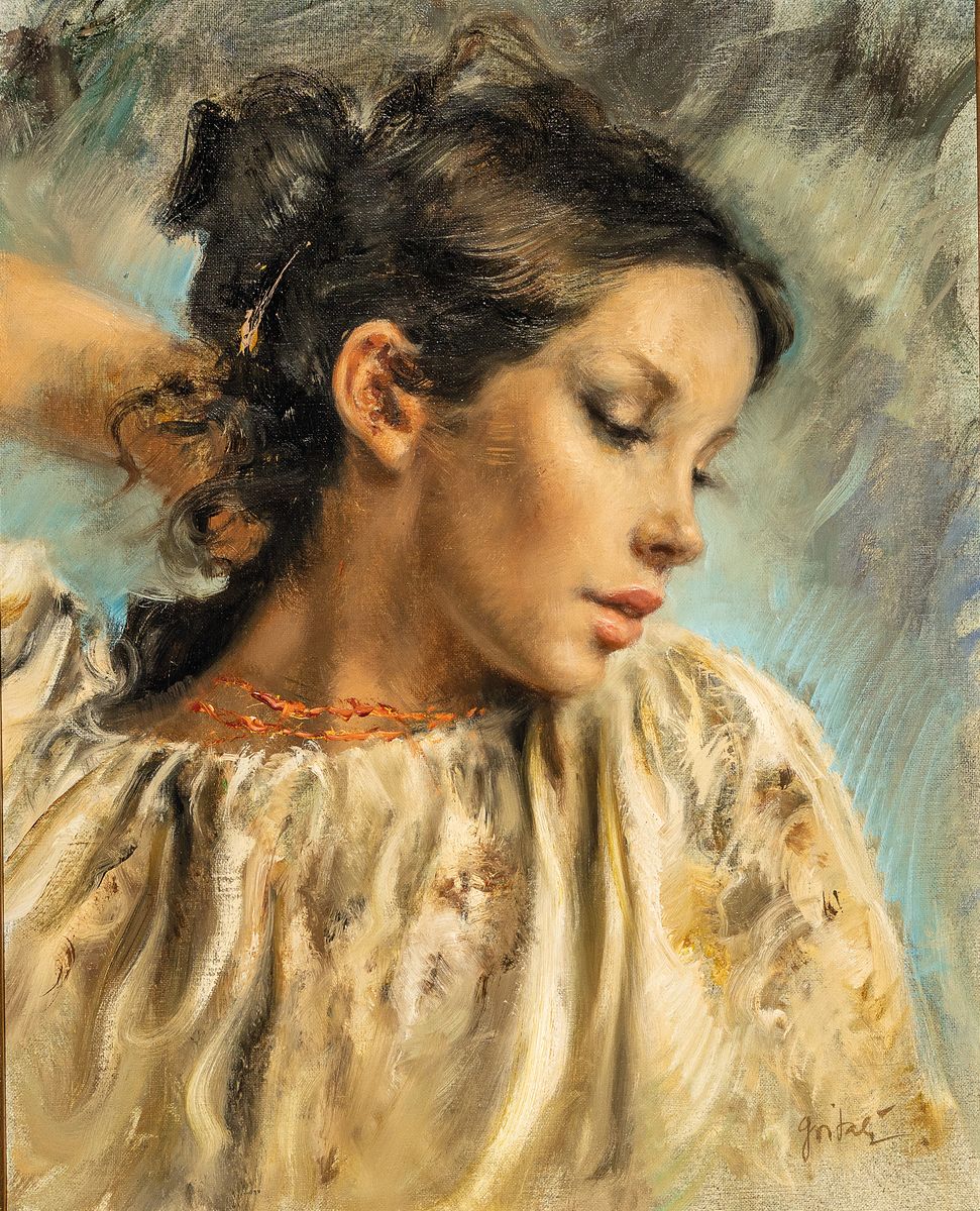 Unbekannter zeitgenössischer Künstler, Brustbild einer jungen Frau, signiert, Öl/Lwd,Galerierahmen, 80x70 cm