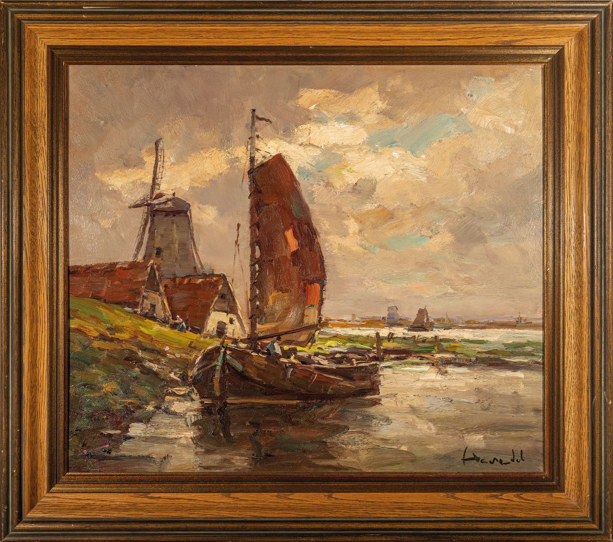 Detail k: Harry Haerendel, Hamburger Maler, um 1896-1991, Fischerboote vor Mühle, Öl/Lwd, rechts unten signiert, ca. 60x70cm/77x85cm, Rahmen