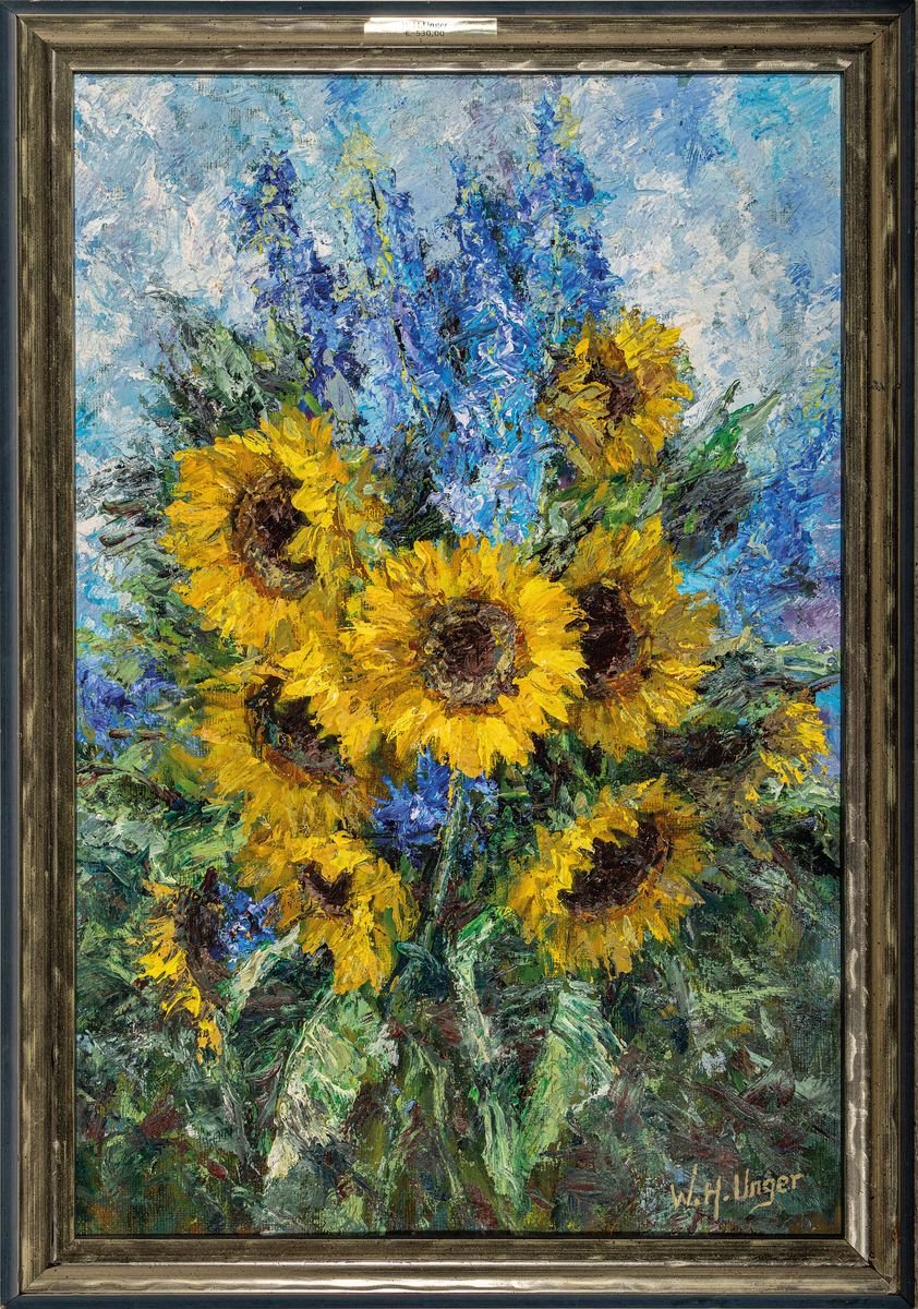 Detail k: Wolfgang Heinz Unger, geb. 1929 Haale/Saale,Stillleben mit Sonnenblumen und Rittersporn, Öl/Malkarton, rechts unten signiert, rückseitig betitelt, ...