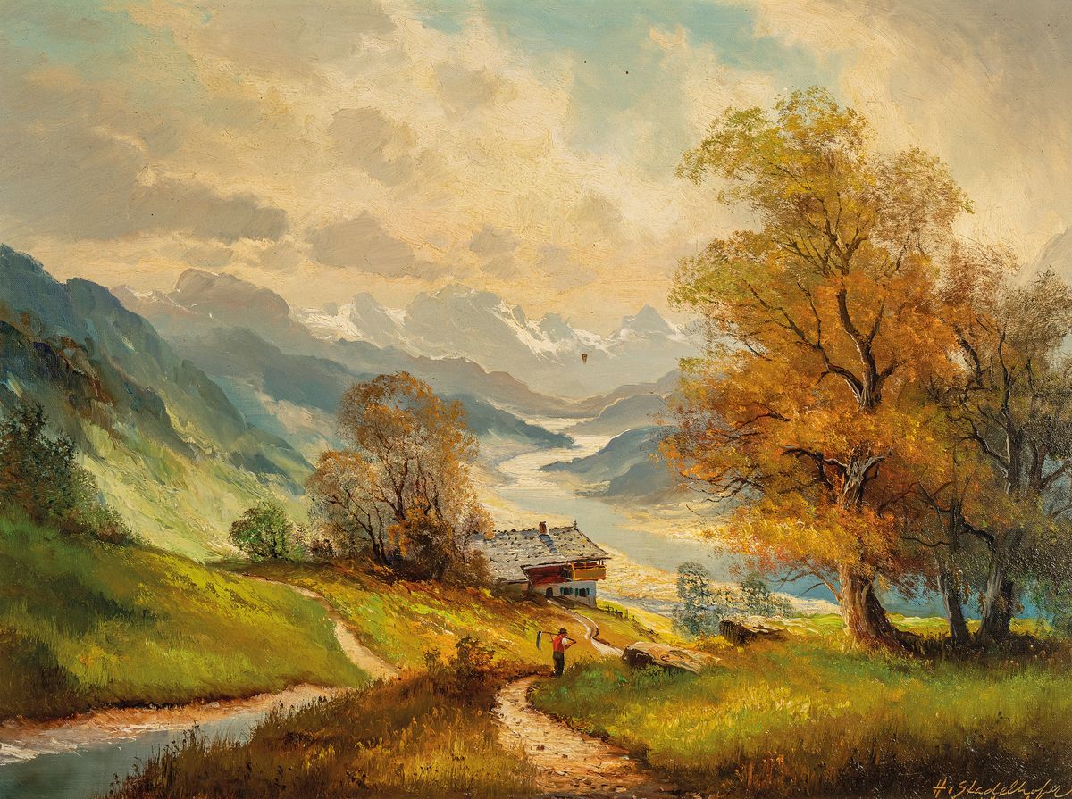 Helmut Stadelhofer, 1914 Konstanz- 1979 München, Landschaft im Inntal bei Kufstein, so rückseitig mit Bleistift bezeichnet, Öl/Lwd, signiert, ca. ...