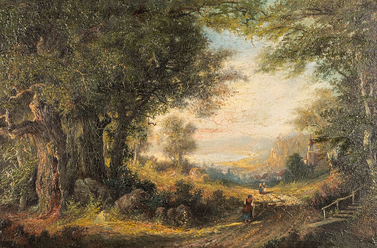 Ebert, spätromantische Malerei, um 1880, Waldlandschaft mit Blick ins Tal und auf ein Dorf, Öl/Mahagoni, Personen im Vordergrund, gute ...