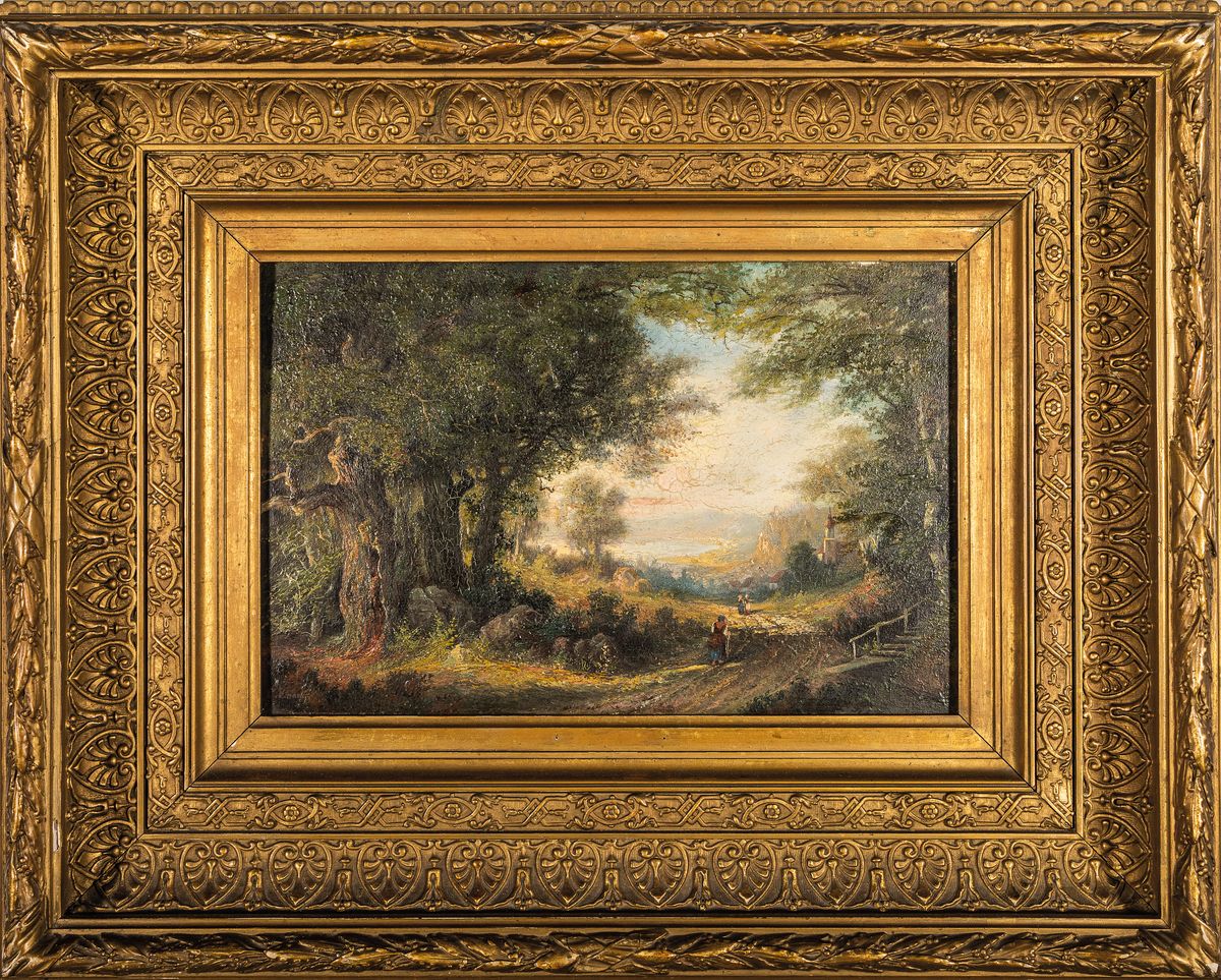 Detail k: Ebert, spätromantische Malerei, um 1880, Waldlandschaft mit Blick ins Tal und auf ein Dorf, Öl/Mahagoni, Personen im Vordergrund, gute ...