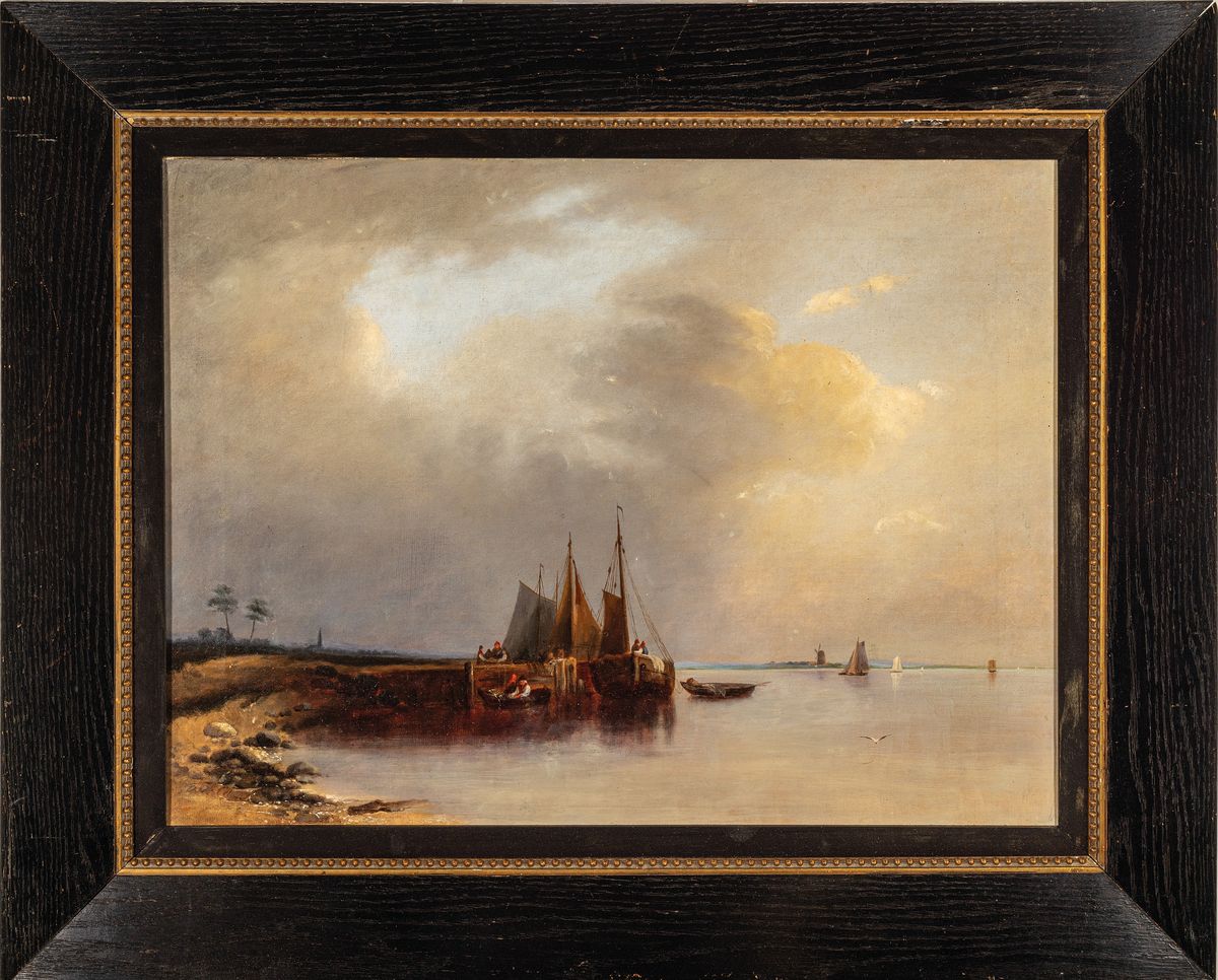 Detail k: Unbekannter Künstler, wohl Belgien oder Frankreich, um 1900, Blick auf die Küste mit Fischerbooten, qualitätvolle lasierende Malerei, Öl/Lwd, ...