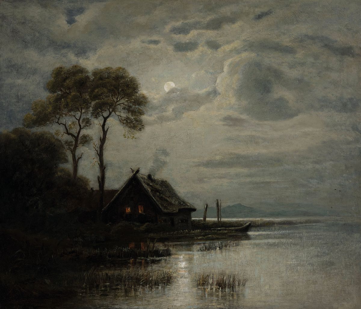Forest, datiert (18)93, Vollmond über einem Bauernhaus an der Küste, qualitätvolle Malerei, Öl/Lwd, doubliert, links unten signiert und datiert, ...
