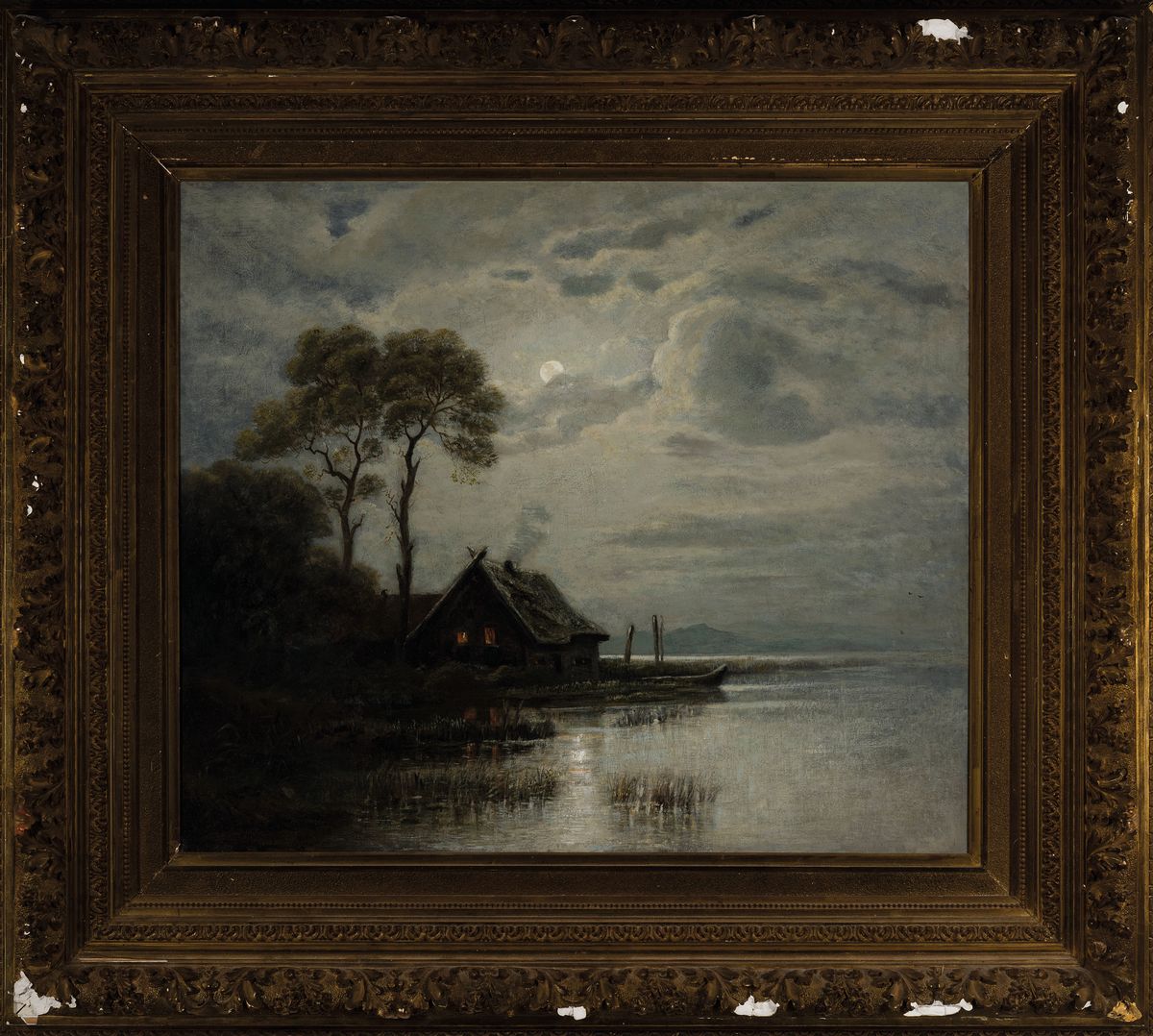 Detail k: Forest, datiert (18)93, Vollmond über einem Bauernhaus an der Küste, qualitätvolle Malerei, Öl/Lwd, doubliert, links unten signiert und datiert, ...