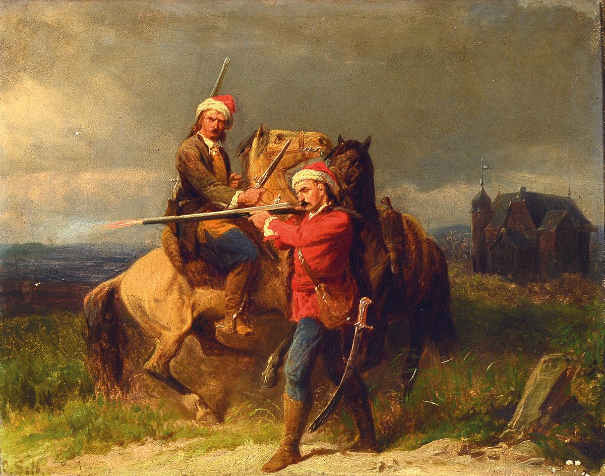 Christian Sell, 1856 Düsseldorf-1925 Gotha, zwei berittene Soldaten mit Krummsäbel und Gewehr, im Hintergrund ein Gebäude, Öl/Lwd, links unten ...