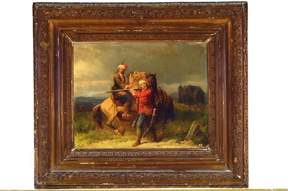 Detail k: Christian Sell, 1856 Düsseldorf-1925 Gotha, zwei berittene Soldaten mit Krummsäbel und Gewehr, im Hintergrund ein Gebäude, Öl/Lwd, links unten ...