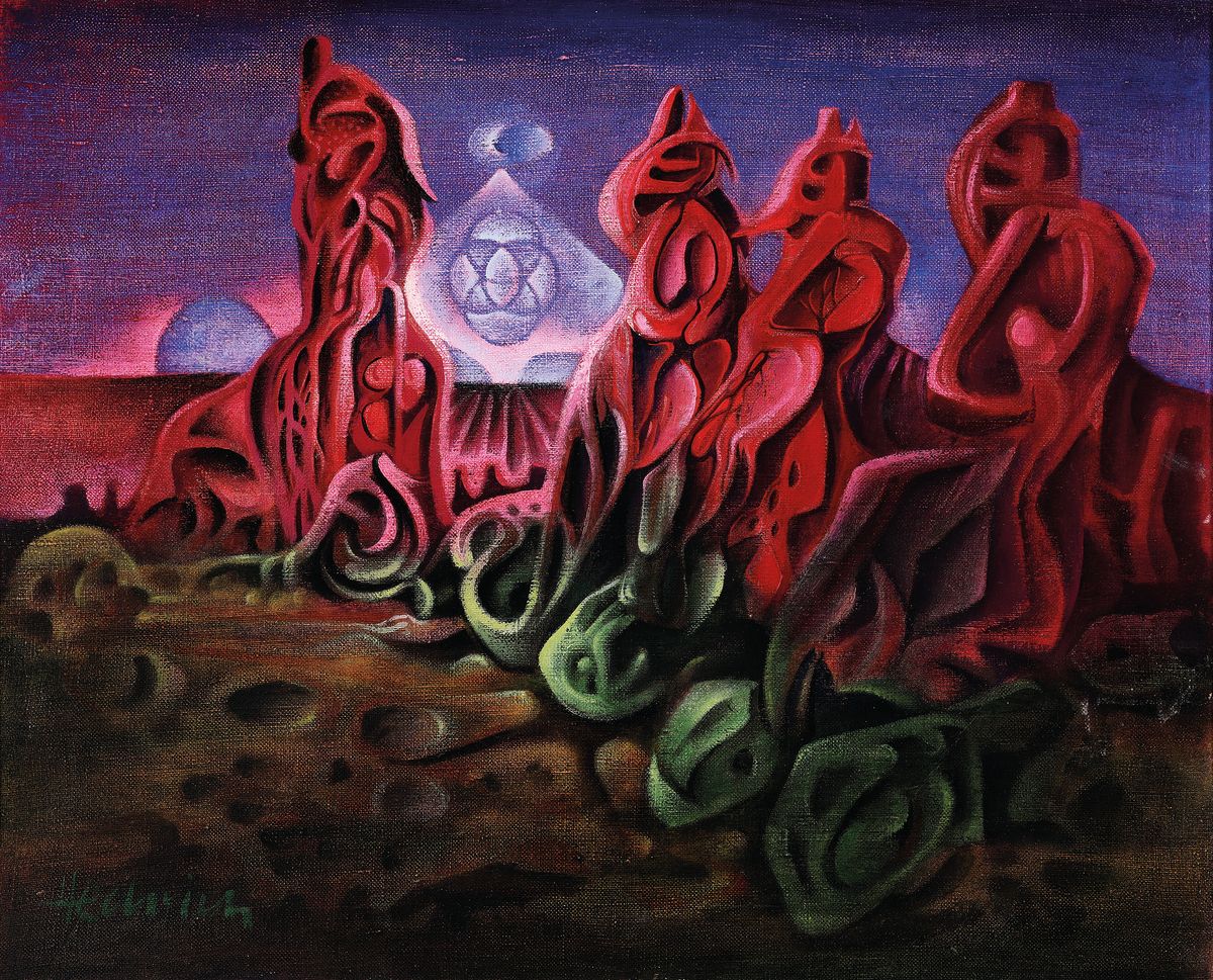 Unbekannter zeitgenössischer Maler, surealistische Landschaft, Acryl/Lwd, links unten signiert Hechrich o.ä., ca. 50x60cm, R. ca. 56x66cm
