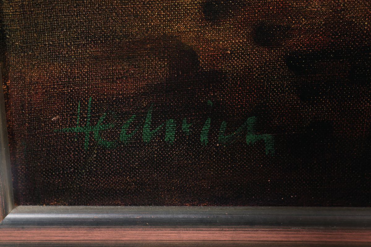 Detail a: Unbekannter zeitgenössischer Maler, surealistische Landschaft, Acryl/Lwd, links unten signiert Hechrich o.ä., ca. 50x60cm, R. ca. 56x66cm