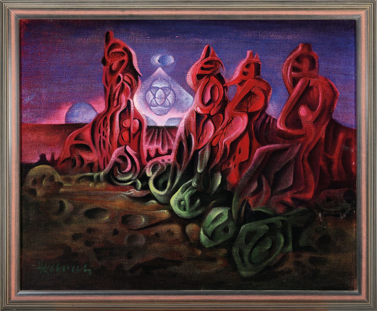 Detail k: Unbekannter zeitgenössischer Maler, surealistische Landschaft, Acryl/Lwd, links unten signiert Hechrich o.ä., ca. 50x60cm, R. ca. 56x66cm