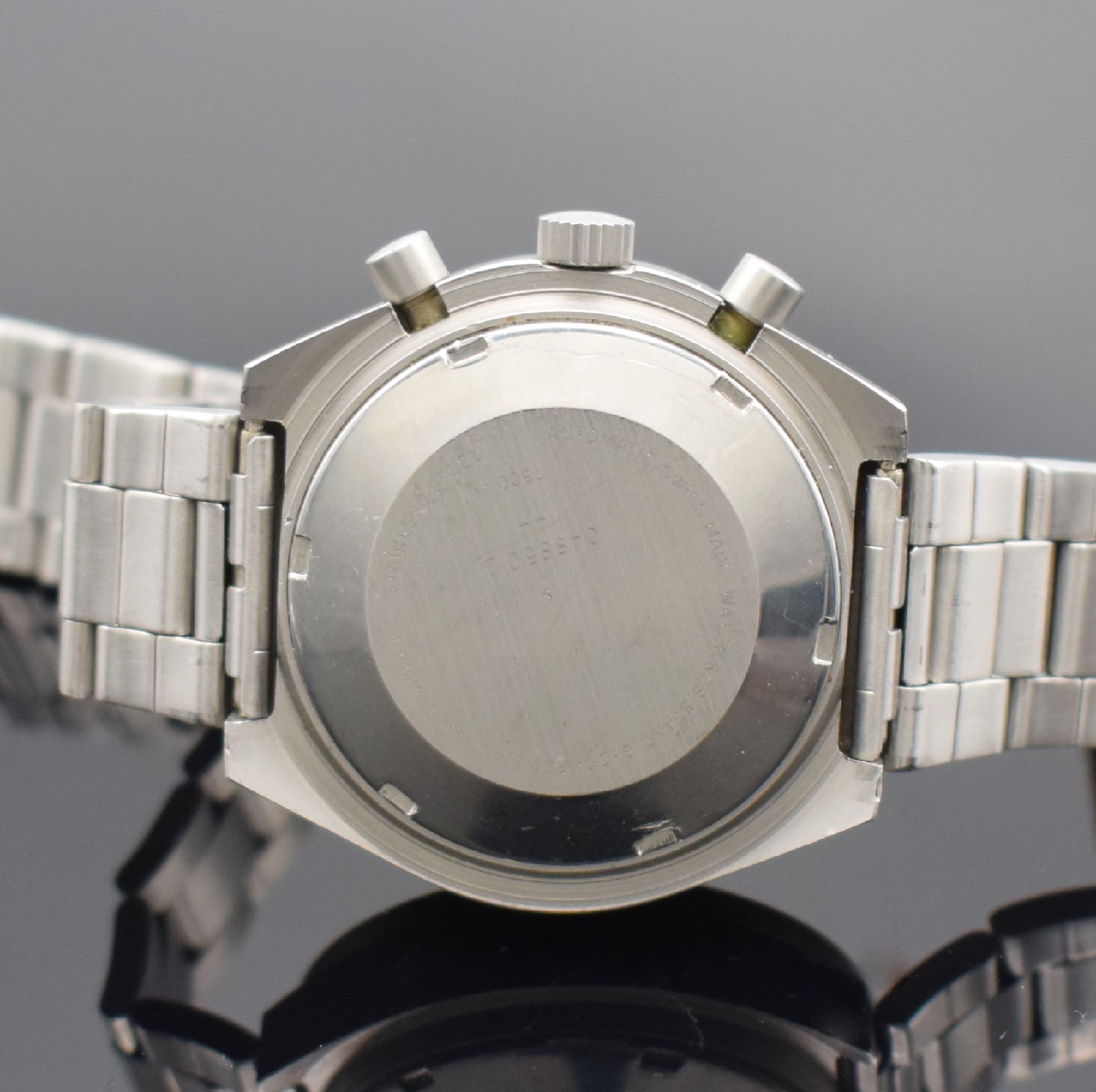 Detail c: MEISTER-ANKER Herrenchronograph in Stahl, Schweiz um 1980, Automatik, mattiertes Geh., Boden verschr., Mineralglas besch., schwarzes Zifferbl., ...
