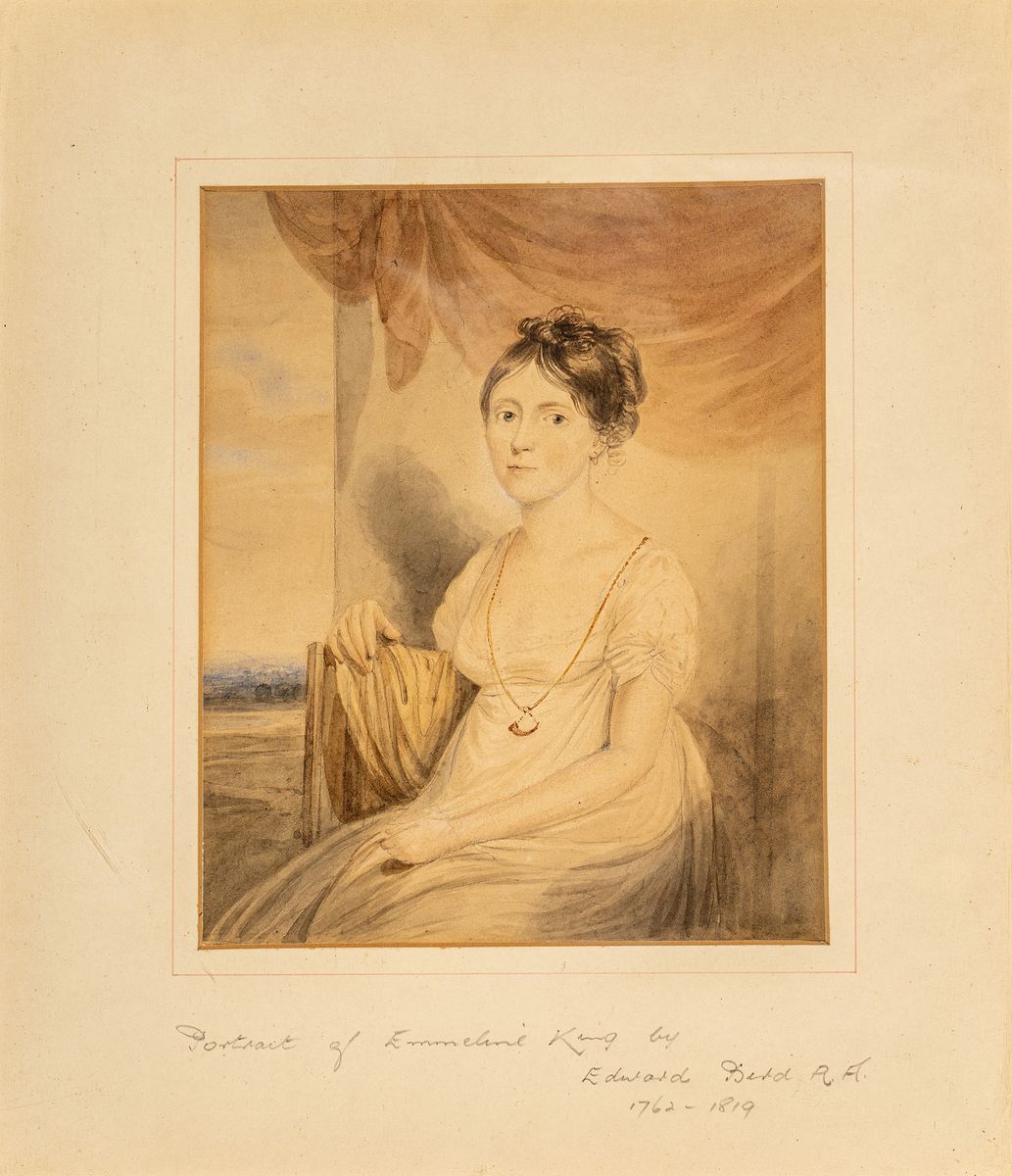 Zuschreibung: Edward Bird, 1772-1819, englische Schule, Aquarell u. Bleistift auf Papier, Porträt von Emmeline King geb. Edgeworth, gebräunt, ...
