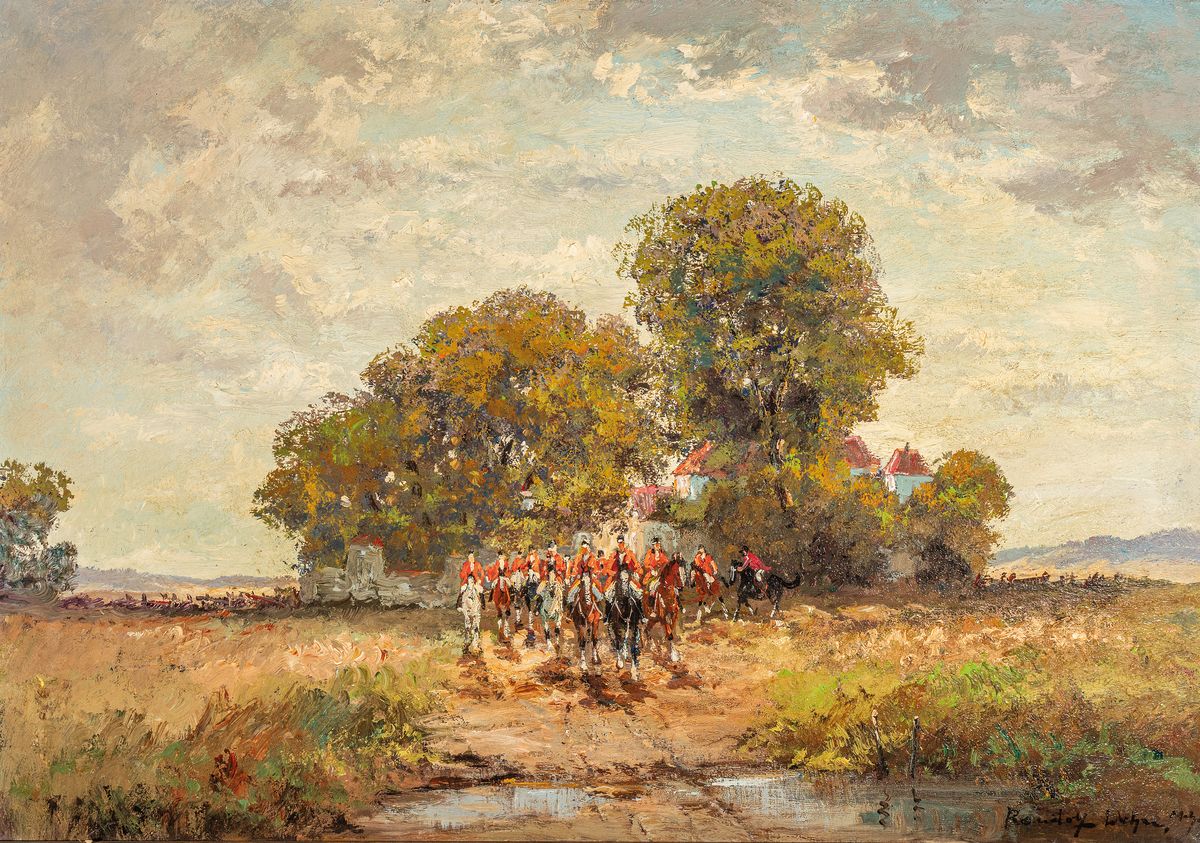 Randoph Wehn, 1911-1987 München, Ausritt zur Parforce-Jagd, Öl/Lwd, rechts unten signiert, ca. 70x100cm, Barockstilrahmen ca. 86x115cm
