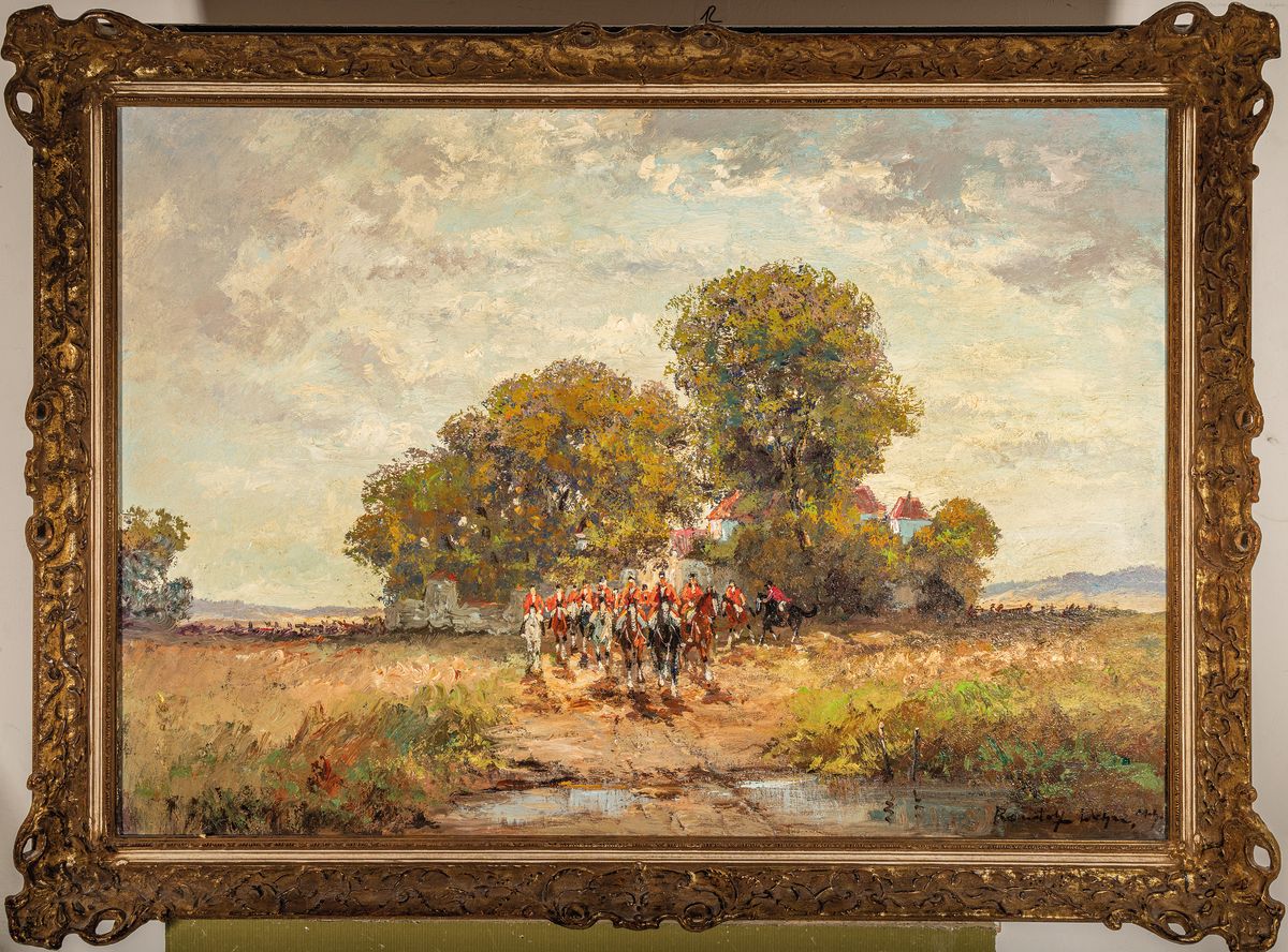 Detail k: Randoph Wehn, 1911-1987 München, Ausritt zur Parforce-Jagd, Öl/Lwd, rechts unten signiert, ca. 70x100cm, Barockstilrahmen ca. 86x115cm