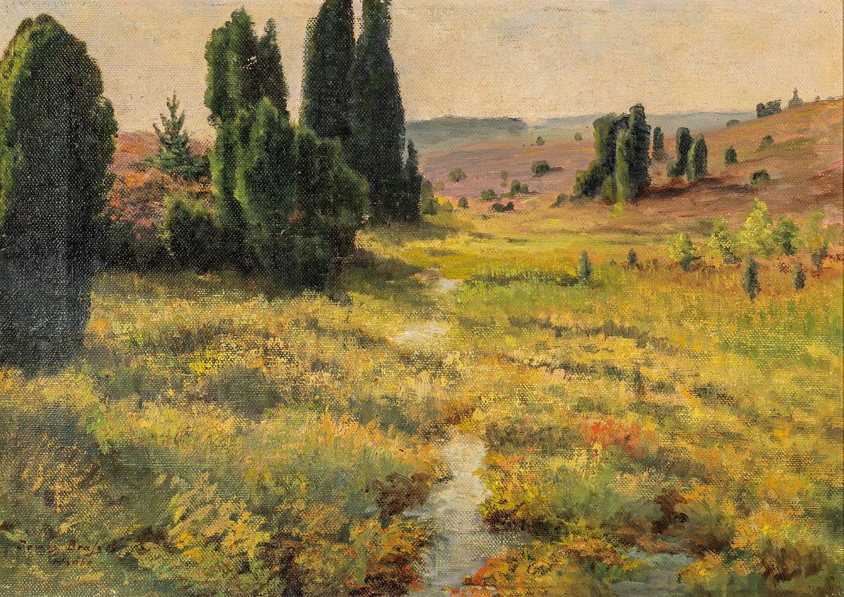 James Brass, 1856 Magdeburg-1949, lebte u.a. in Belgien, hier: Heidelandschaft mit Baumgruppen, Öl/Malkarton, links unten signiert, ca. 35x50cm, R. ...