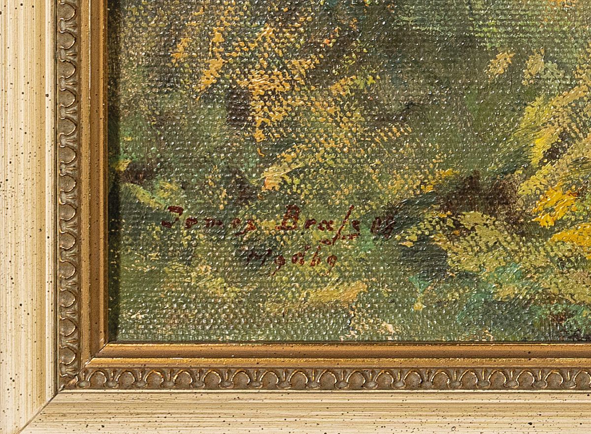 Detail a: James Brass, 1856 Magdeburg-1949, lebte u.a. in Belgien, hier: Heidelandschaft mit Baumgruppen, Öl/Malkarton, links unten signiert, ca. 35x50cm, R. ...